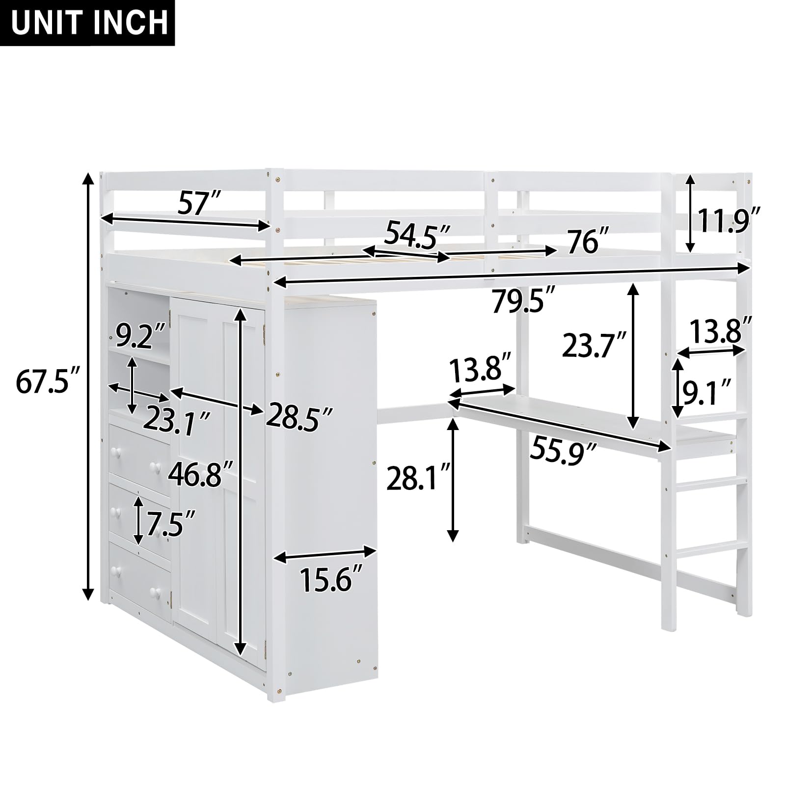 Full Size Wooden Loft Bed with Desk, Built-in Wardrobe & Storage Drawers - Space Saving Kids/Teens Bedroom Furniture with Shelves (White) - Perfect for Small Rooms, Dormitories & Studio Apartments