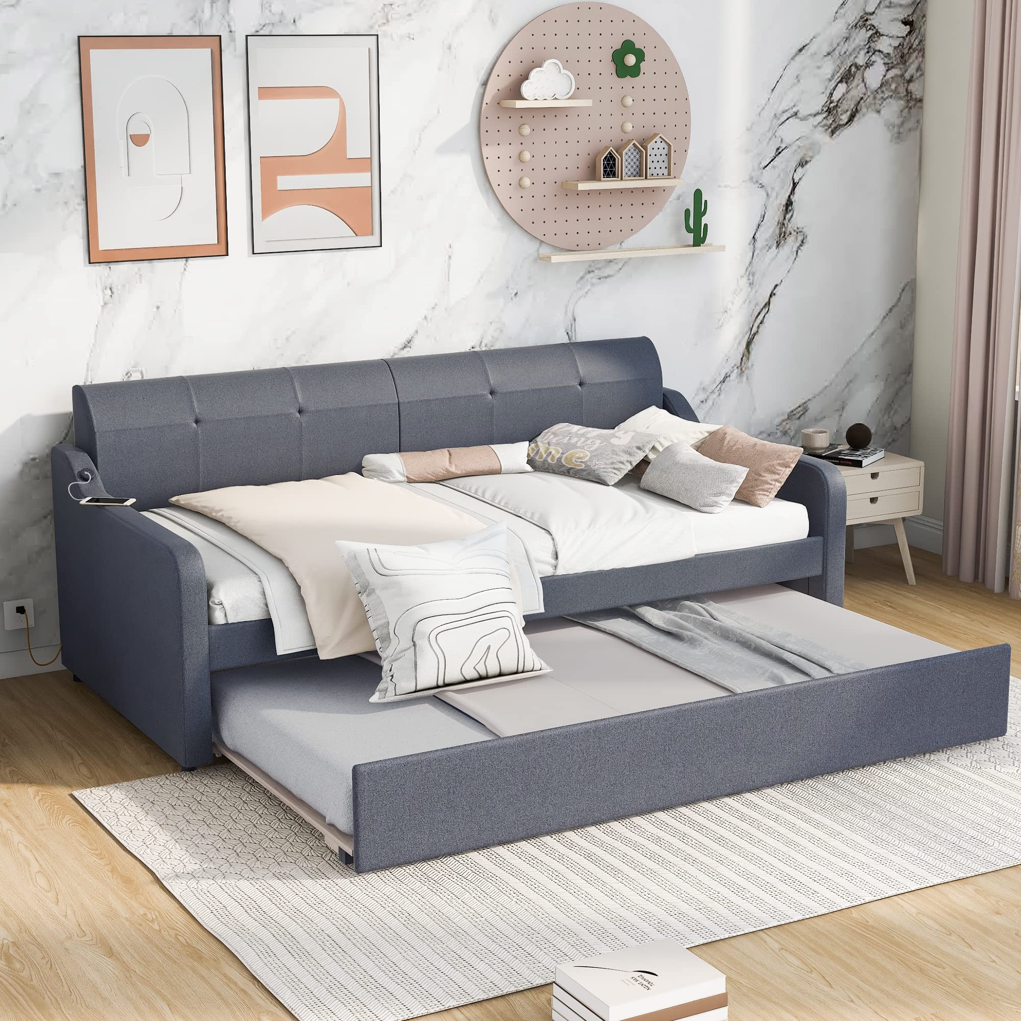 Merax Twin Size Upholstered Daybed with Trundle & USB Charging - Convertible Sofa Bed with Adjustable Backrest (Flat or Elevated) - Perfect for Guest Rooms, Small Apartments & Home Offices