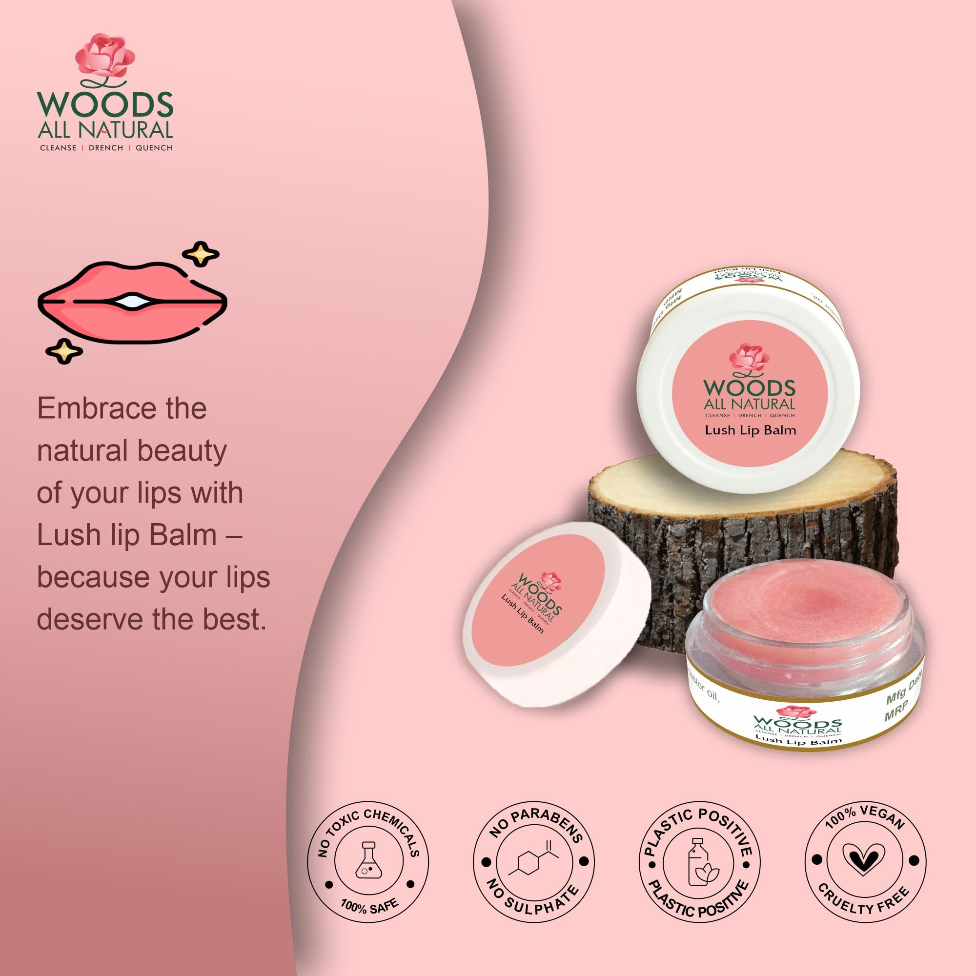 Woods All Natural Lush Lip Balm for Pink Lips - Vitamin E, Shea Butter & Jojoba Oil Lip Care | Hydrating Treatment for Dark & Chapped Lips | SPF Protection | 10g Cosmopolitan | Perfect for Daily Use, Outdoor Activities & Winter Lip Care