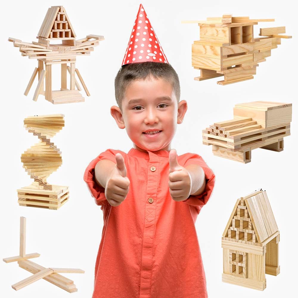 3 Bees & Me Wooden Building Blocks - 100 Piece STEM Construction Toy Set for Kids, Boys & Girls - Creative Educational Playset for Classroom, Home & Indoor Activities