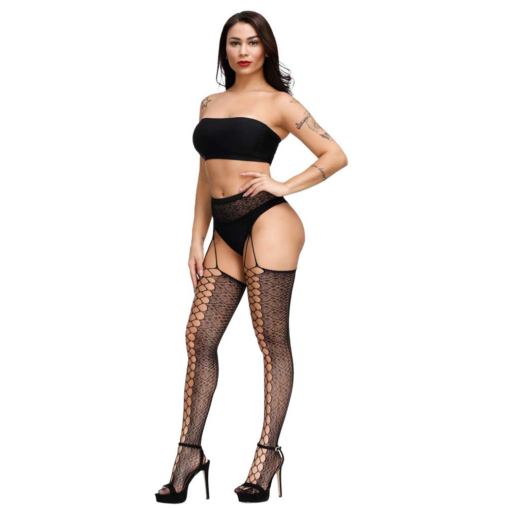 Fairydreamy Women's Sexy Fishnet High Waist Tights with Suspenders - Perfect for Halloween, Cosplay, and Lingerie Outfits