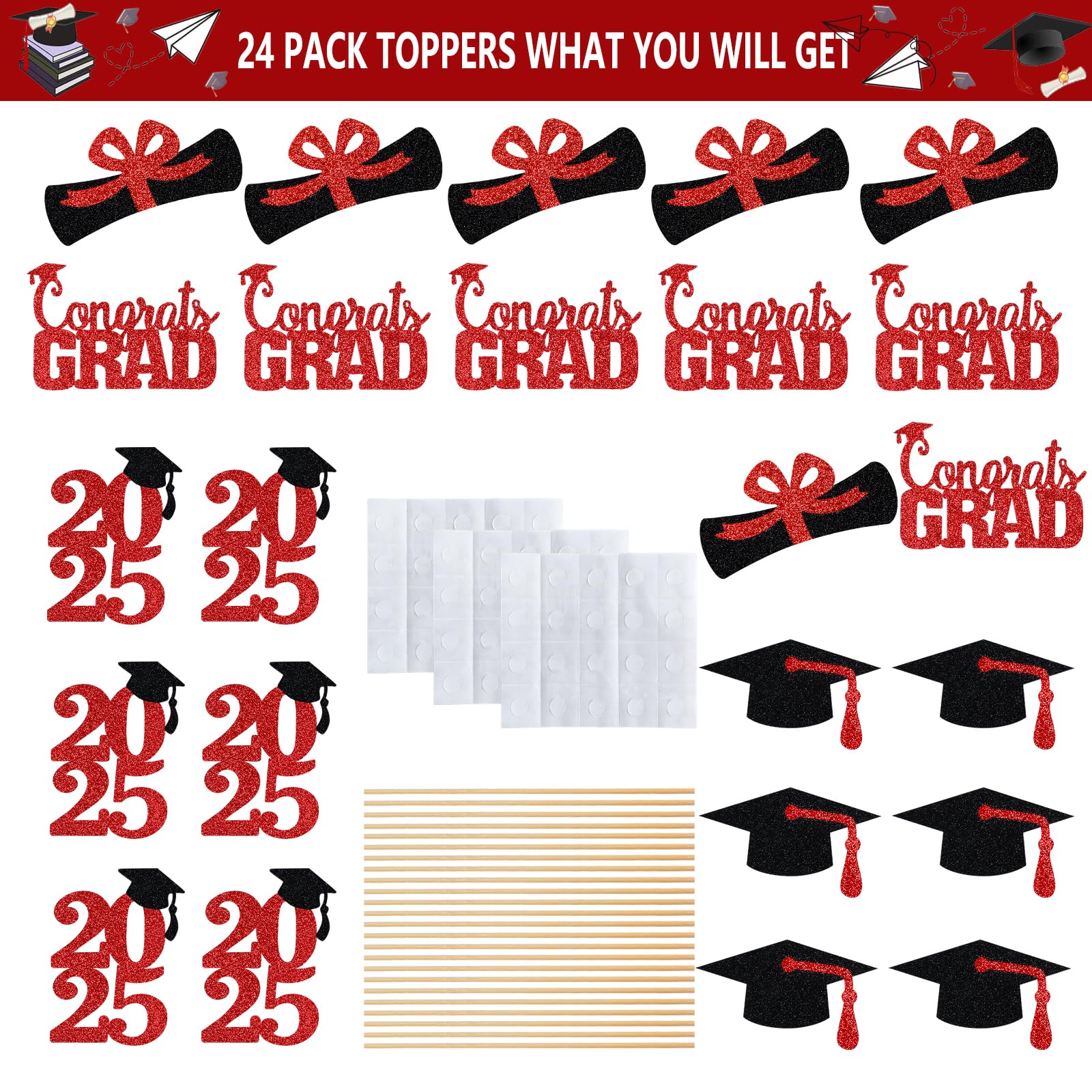 24Pcs Red 2025 Graduation Centerpiece Sticks - Elegant Table Decorations for Graduation Party, Commencement & Celebration - Perfect for Graduation Ceremony Decor, Banquet Tables & Photo Backdrops