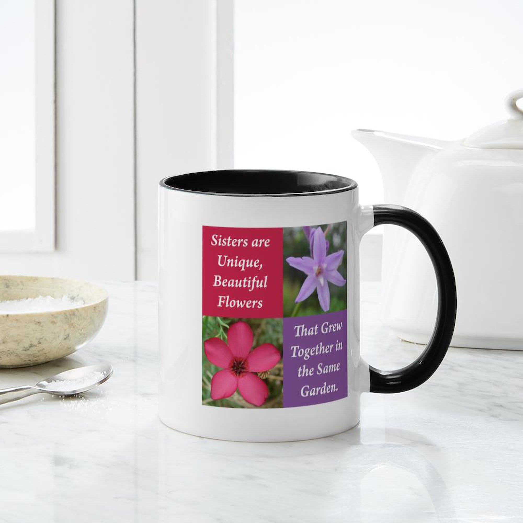 Sisters Coffee Mug - 11 oz (325 ml) Ceramic Cup with Two Flowers Design - Perfect for Sister Gifts, Birthday Presents, and Coffee Lovers - Ideal for Home, Office, or Tea Time