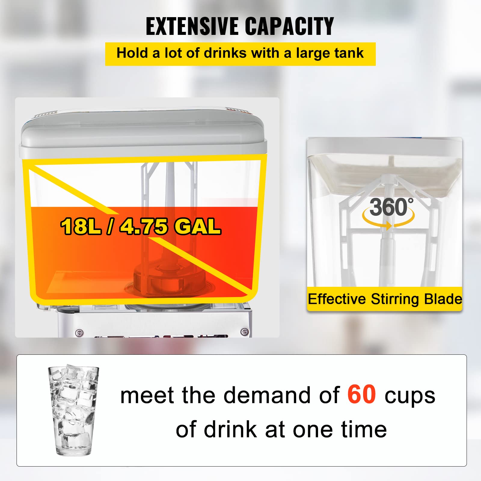 VEVOR 110V Commercial Beverage Dispenser, 4.8 Gallon (18L) Stainless Steel Juice & Iced Tea Dispenser with Thermostat Control - 200W Food-Grade Drink Dispenser for Restaurants, Cafes, and Catering Events