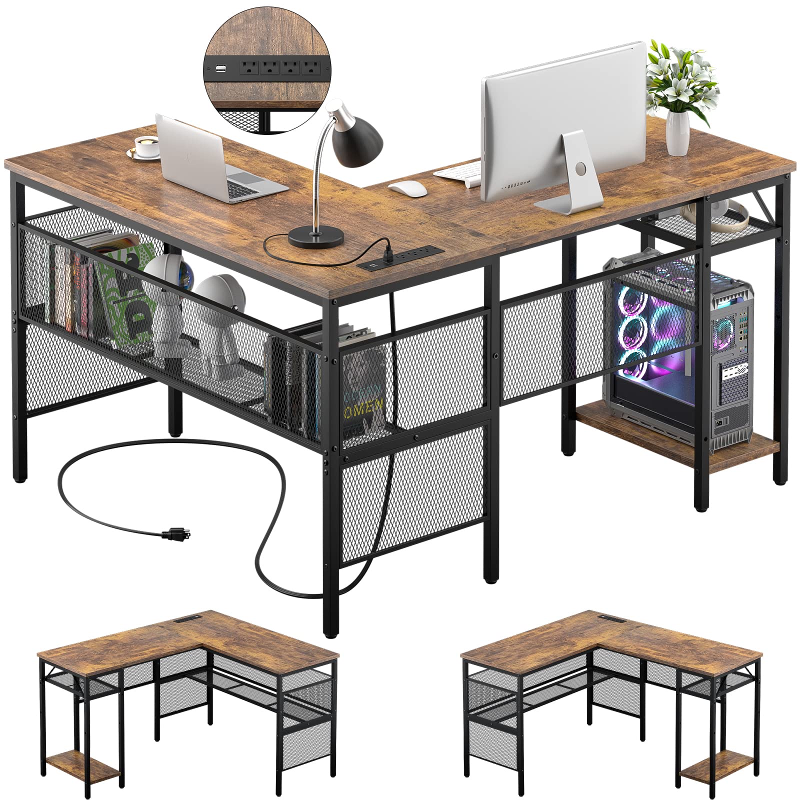 Unikito Reversible L-Shaped Desk with USB Charging Port & Power Outlet - Industrial Style Corner Computer Desk with Storage Shelves, 2-Person Gaming & Home Office Workstation in Rustic Brown - Perfect for Small Spaces, Gaming Setups & Modern Home Offices