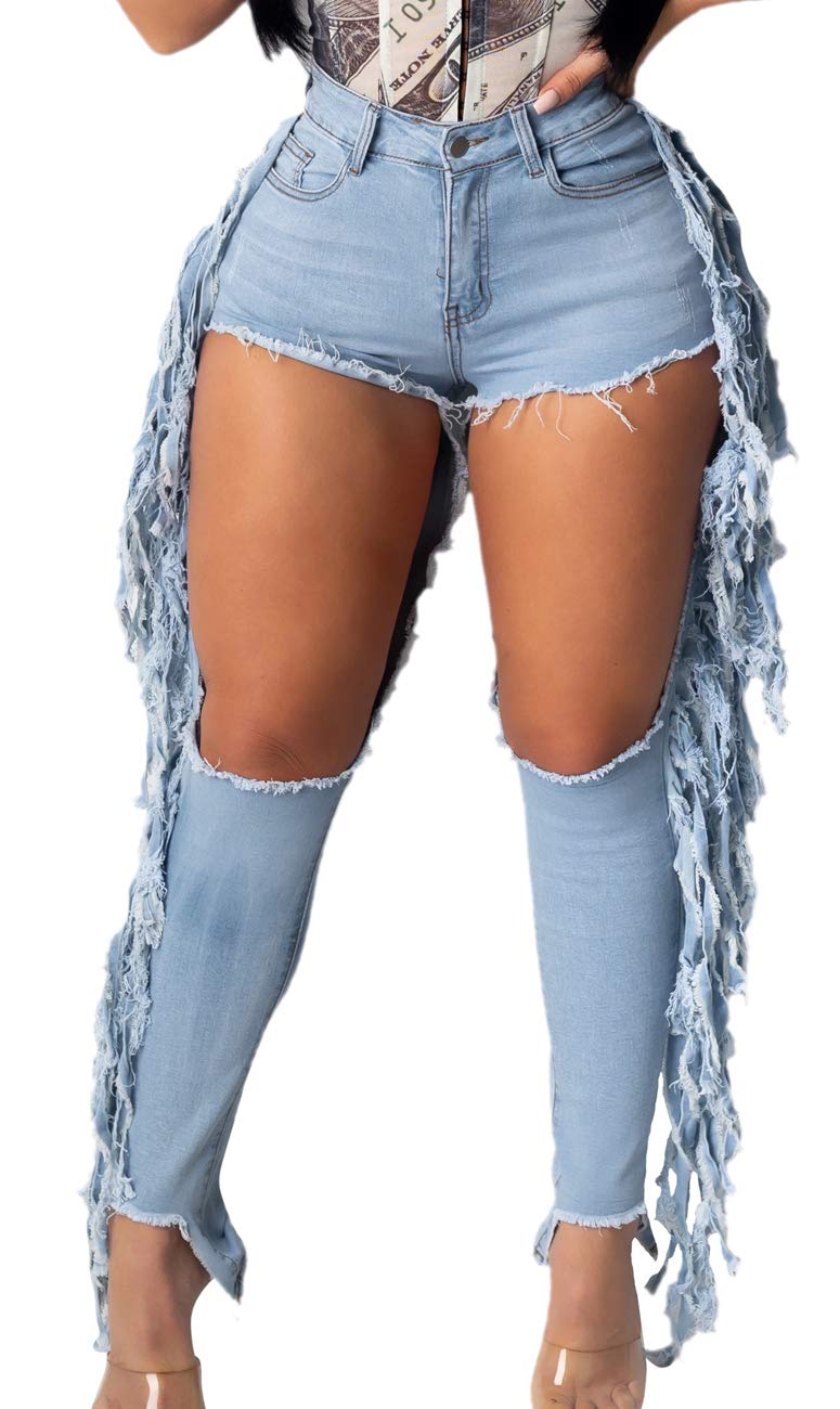 Women's Skinny Ripped Jeans - Stretch Destroyed Mid High Waist Denim Pants for Casual Wear & Street Style Fashion