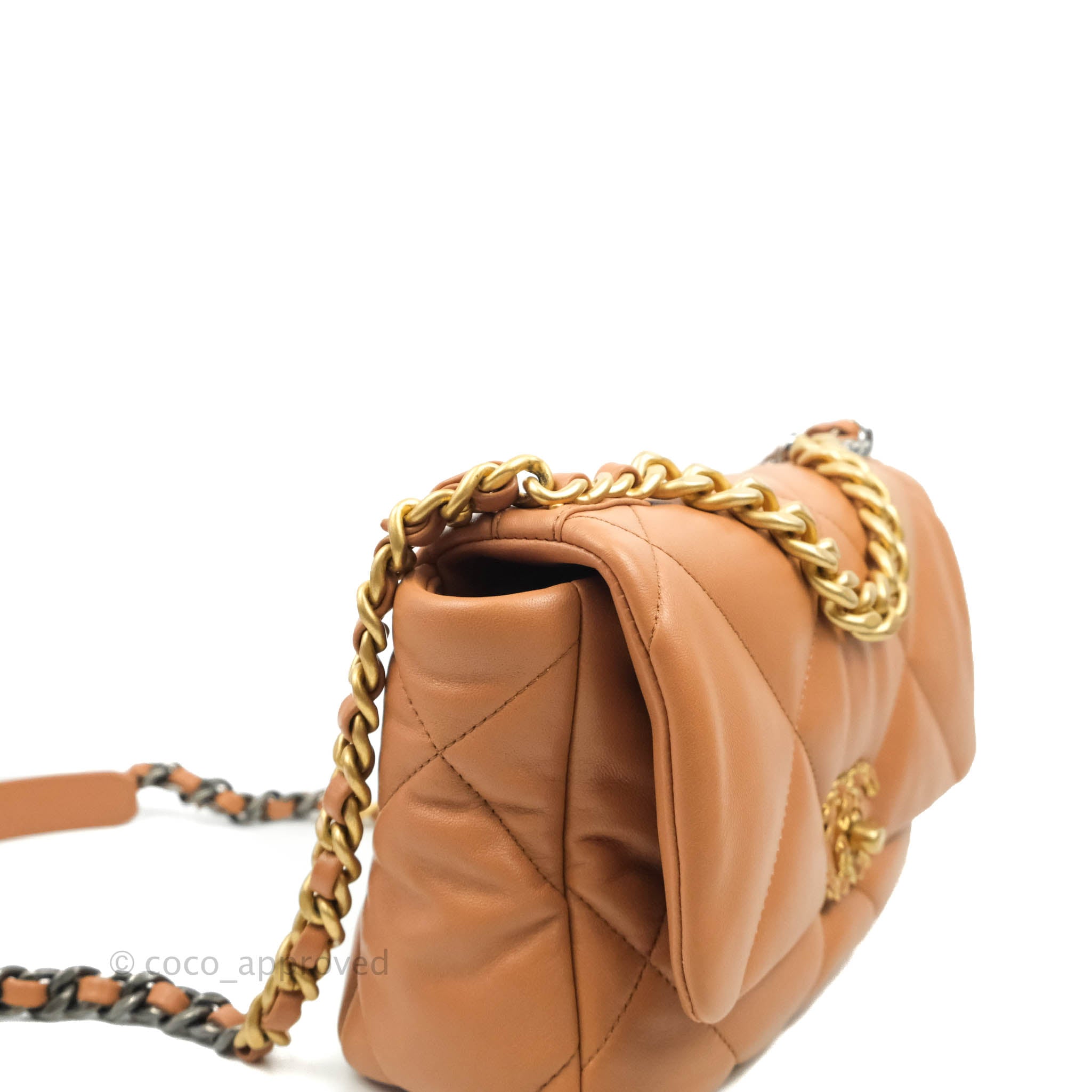 Authentic Chanel 19 Small Handbag in Caramel Dark Beige Lambskin with Mixed Hardware - 21K Collection | Luxury Crossbody Bag for Women, Perfect for Date Night & Special Occasions