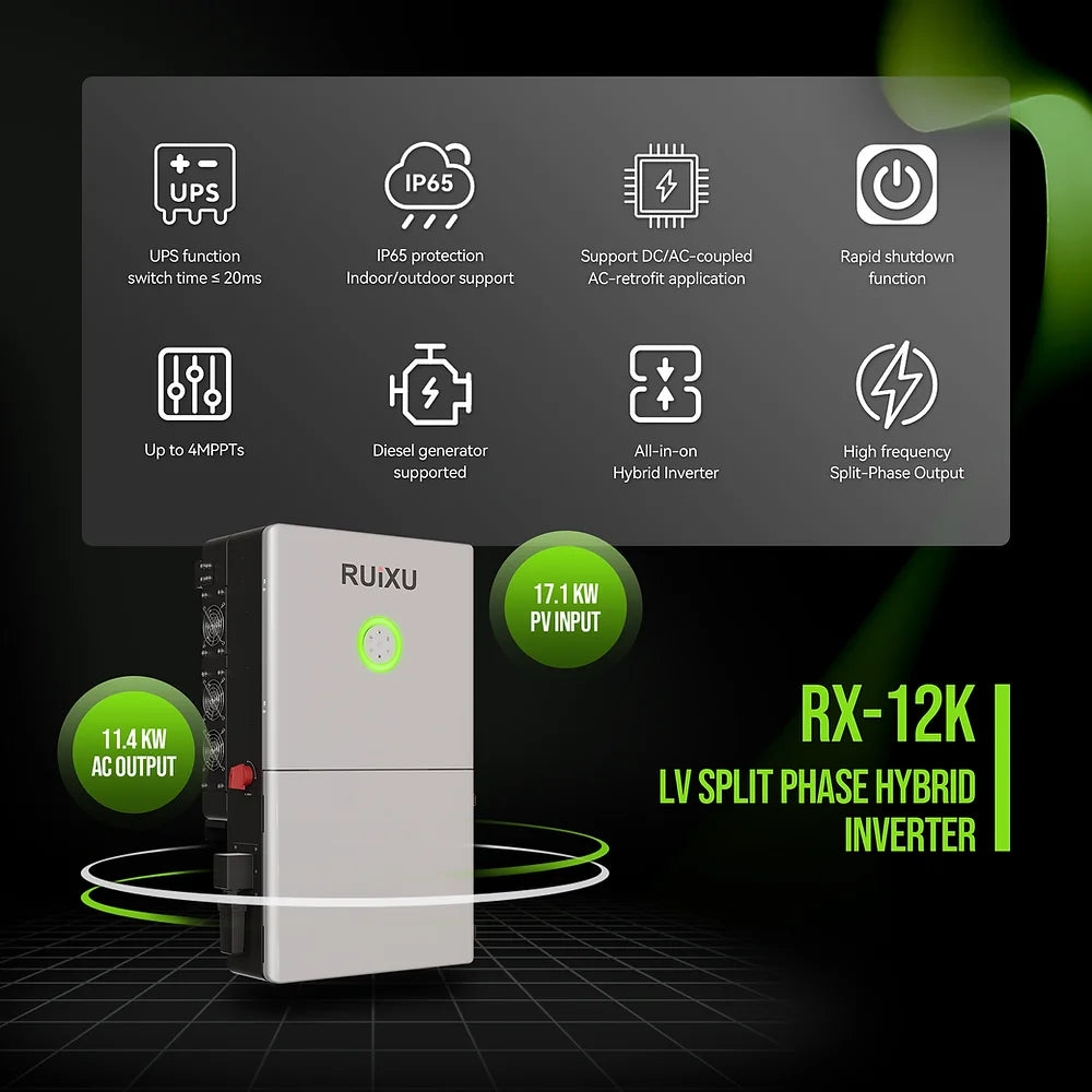 RUiXU 12K Split Phase Hybrid Inverter with UL1741 Certification - Perfect for Off-Grid Solar Systems & Home Energy Backup
