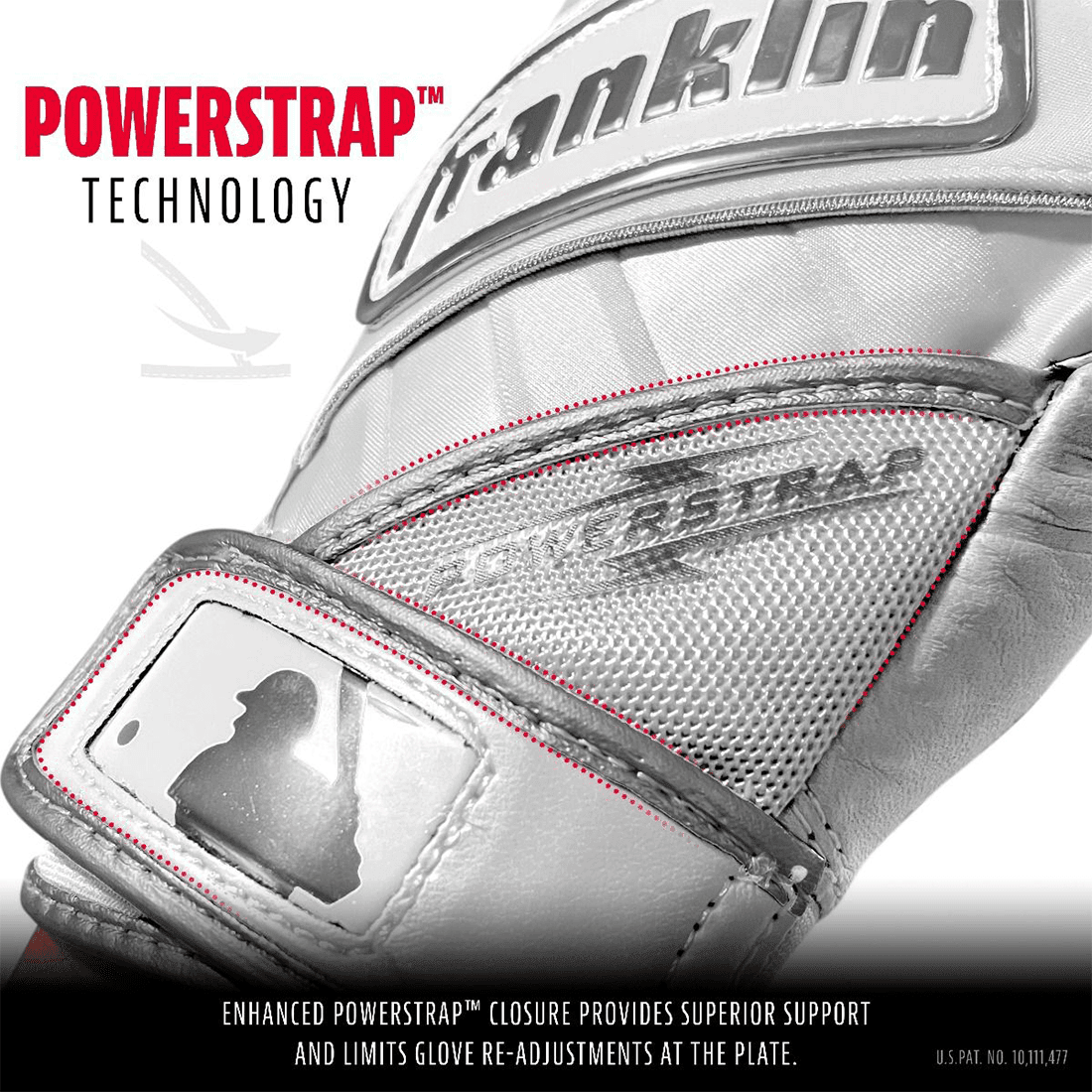 Franklin POWERSTRAP Chrome White Batting Gloves for Baseball & Softball - Youth & Adult Sizes - Enhanced Grip & Comfort - Perfect for Training, Games & Practice (Model 20491F)