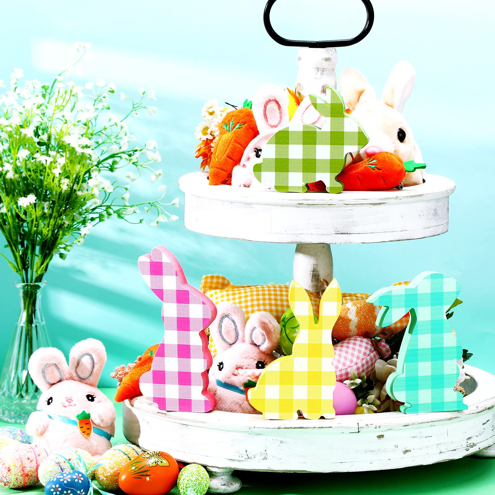 4 Pcs Easter Bunny Wooden Table Signs - Bunny Shaped Farmhouse Decor for Spring, Easter Bunny Dining Room Table Decor with Rope (Plaid) - Perfect for Easter Celebrations, Home Decor, and Seasonal Party Decorations