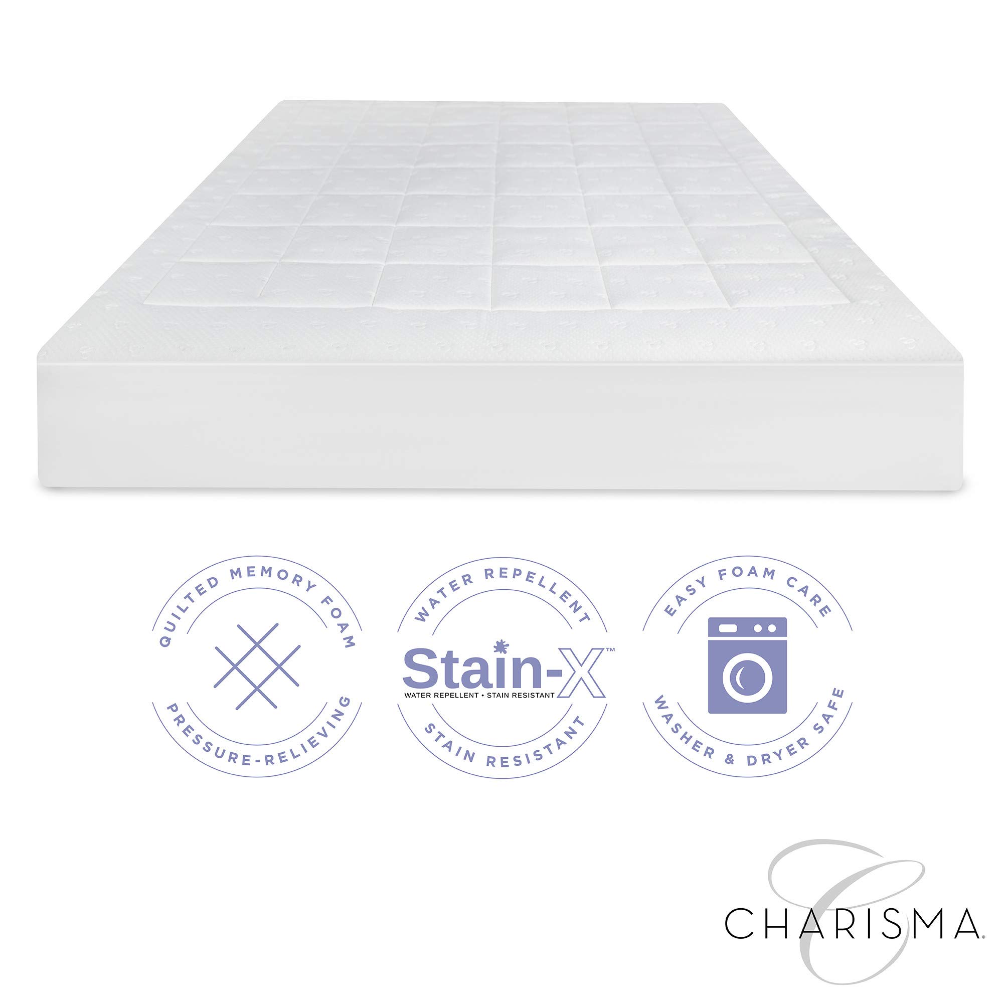 Charisma Luxury Memory Foam & Fiber Washable Mattress Pad - Waterproof, Stain Resistant King Size Bed Topper (White) for Ultimate Comfort & Protection - Perfect for Guest Rooms, Master Bedrooms & Allergy Relief