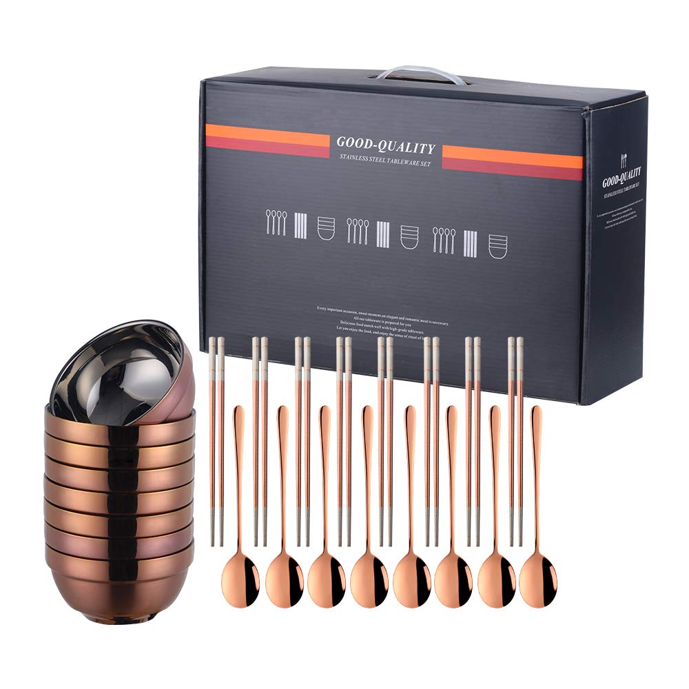 Premium 24-Piece SUS 304 Stainless Steel Bowl Set with Spoons & Chopsticks - 19oz Double-Walled Metal Rice & Cereal Serving Bowls for Restaurant, Home Kitchen - Family & Kids Friendly Rose Gold Dinnerware Set - Perfect for Asian Cuisine, Meal Prep, Camping & Party Serving
