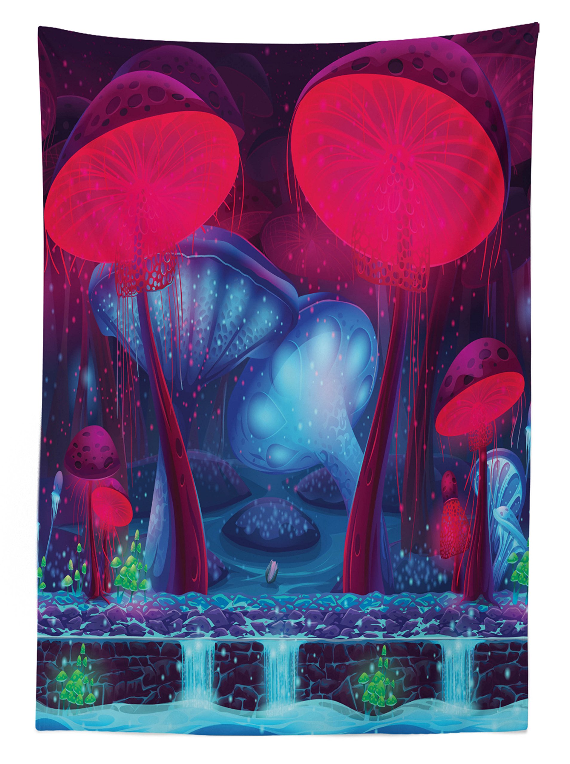 Ambesonne Waterproof Outdoor Tablecloth - Magic Mushroom Neon Design, Enchanted Forest Theme Print, Washable Picnic Table Cover 58x104 Inches (Blue & Red) - Perfect for Garden Parties, Camping & BBQ Gatherings