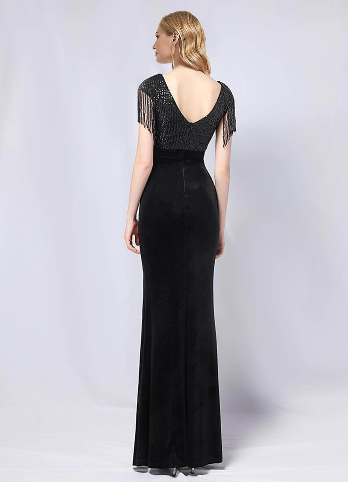 Elegant Black Velvet Sequin Mermaid Maxi Dress with Tassels & High Slit - Perfect for Prom, Evening Gala & Formal Events