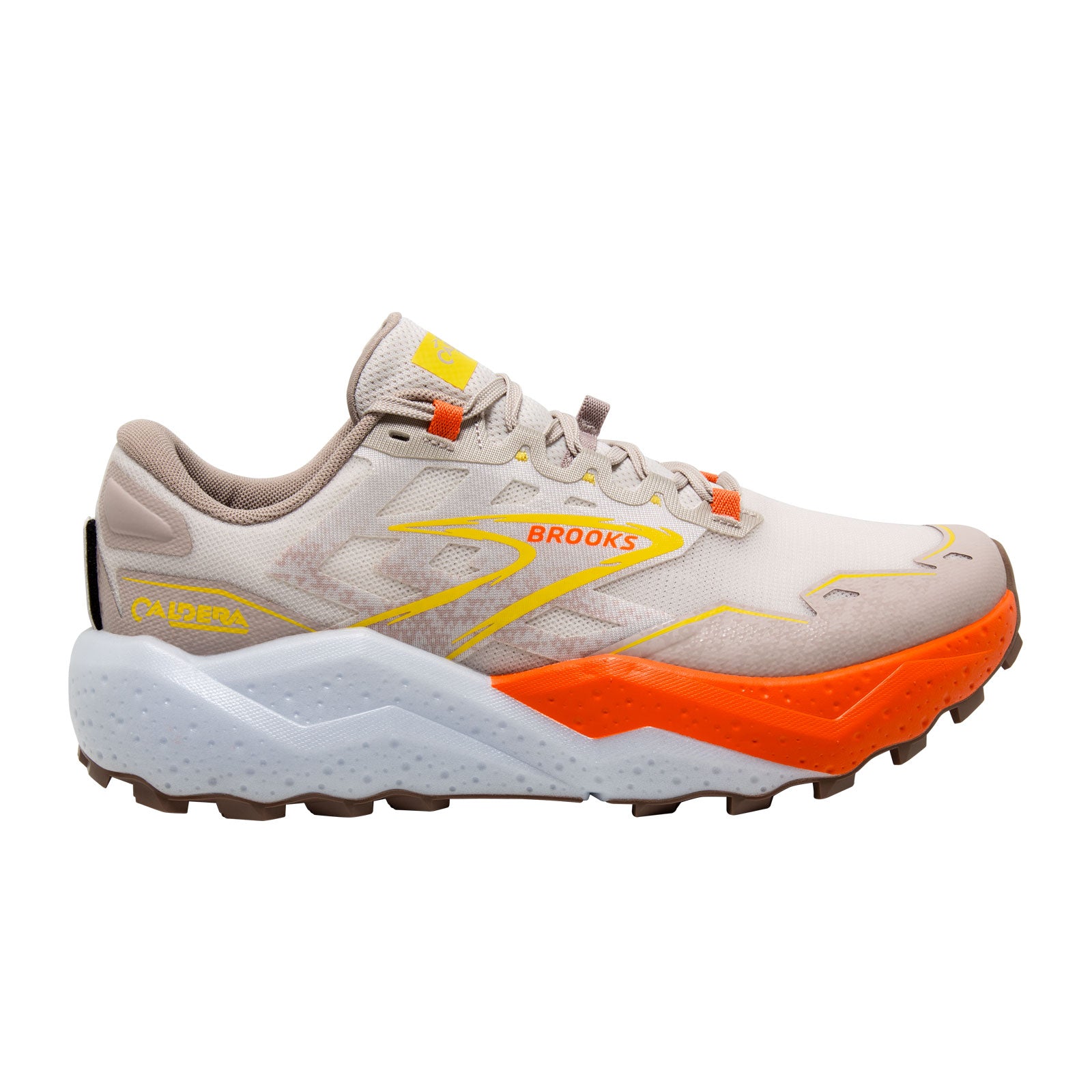 Brooks Caldera 7 Men's Trail Running Shoes - White Sand/Chateau Gray/Yellow | Lightweight Cushioned for Long Distance & Hiking | Road to Trail Transition