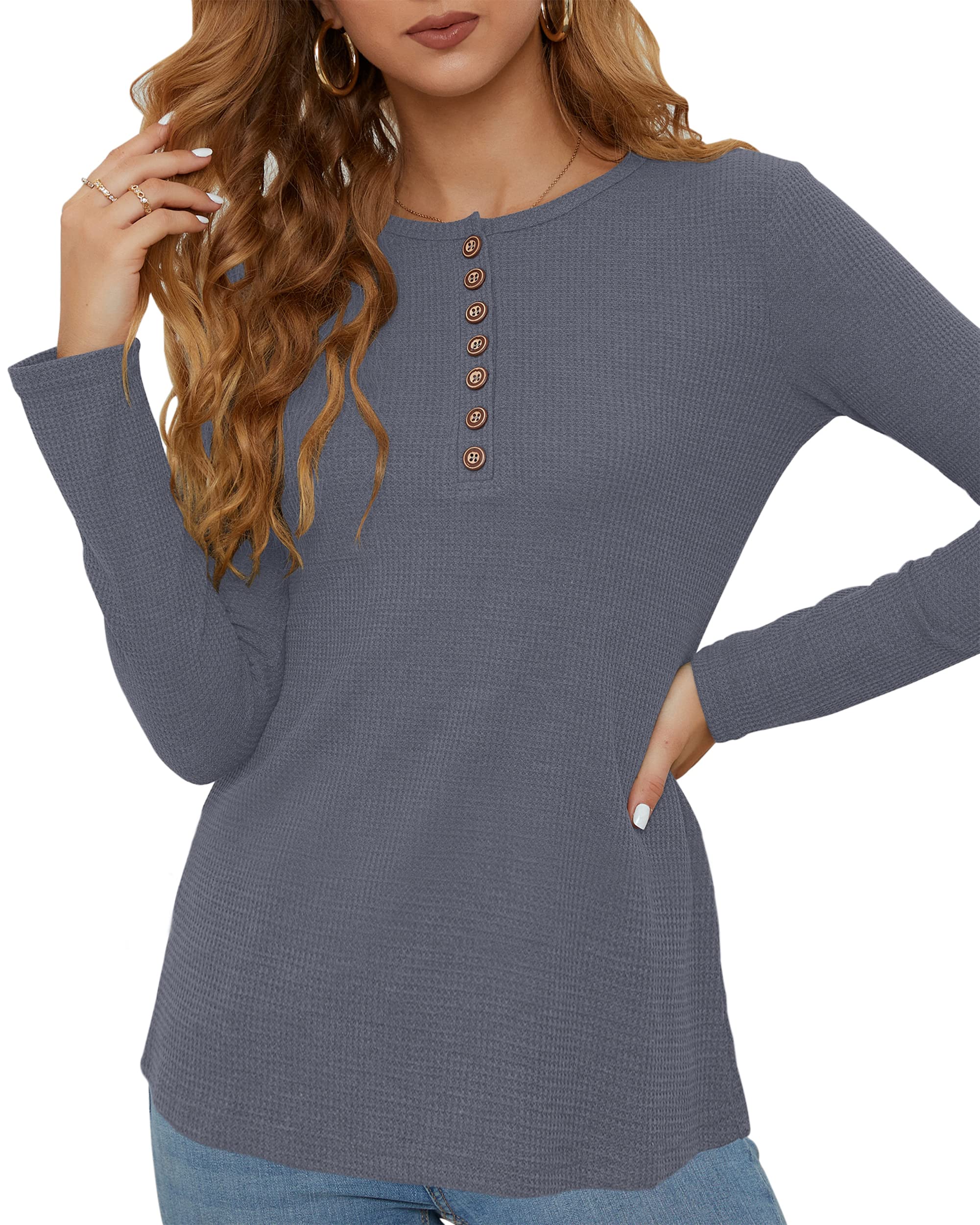 WNEEDU Women's Waffle Knit Long Sleeve Henley Shirt - Slim Fit V-Neck Button Down Blouse for Casual Wear | Perfect for Office, Date Night & Fall Layering