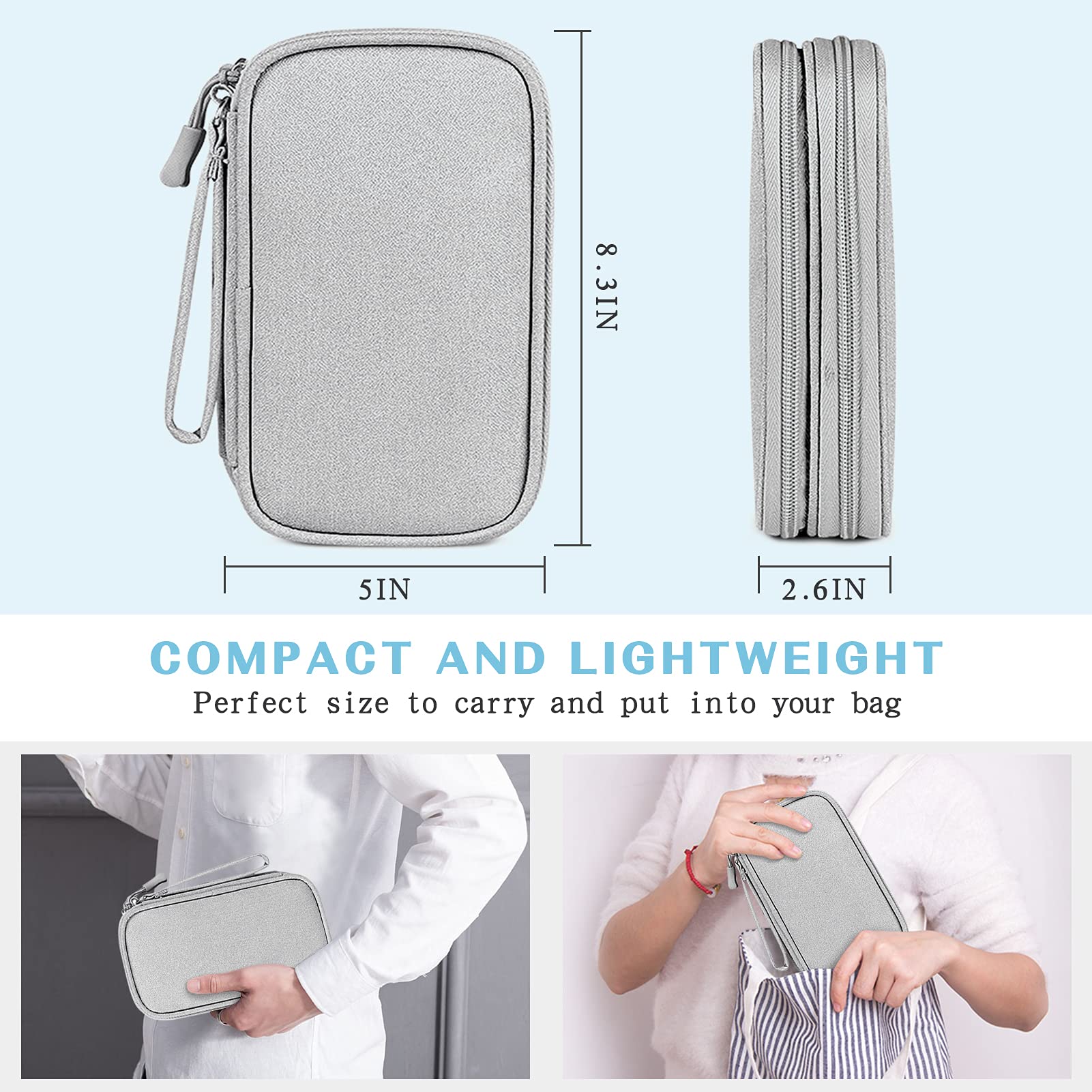 FYY Waterproof Travel Cable Organizer Bag - Medium Grey Double Layer Storage Pouch for Phone Charger, Earphones & Electronic Accessories | Perfect for Business Trips, Commuting & Home Organization