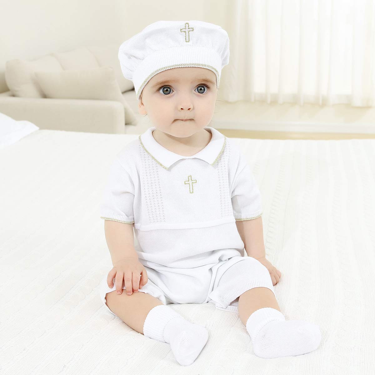 Premium Baby Boy Baptism Outfit Set with Hat & Socks - Elegant Christening Gown with Cross Detail - Perfect for Church Ceremonies & Special Occasions