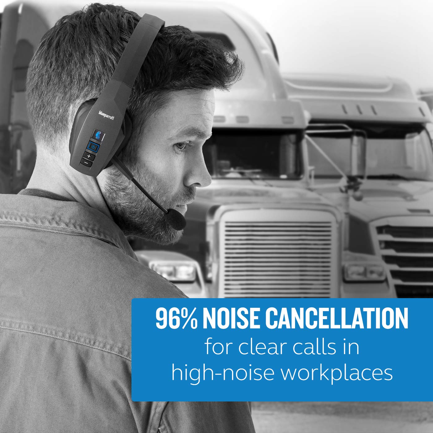BlueParrott B550-XT Mono Bluetooth Wireless Headset with 96% Noise Cancellation - Over-Ear Trucker Headphones with Mic, 100% Voice Control, IP54 Waterproof Rating, 24-Hour Battery Life (Black) - Perfect for Truck Drivers, Call Centers & Noisy Work Environments