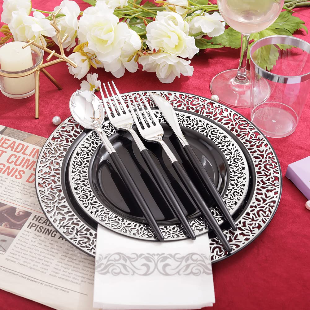 350-Piece Black & Silver Plastic Dinnerware Set - Disposable Plates, Silverware & Napkins for 50 Guests - Elegant Party Supplies for New Year Celebrations, Weddings & Special Events