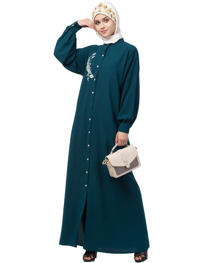 Elegant Teal Arabic Front Open Side Embroidered Contrast Button Abaya Dress for Women - Perfect for Eid, Weddings & Special Occasions