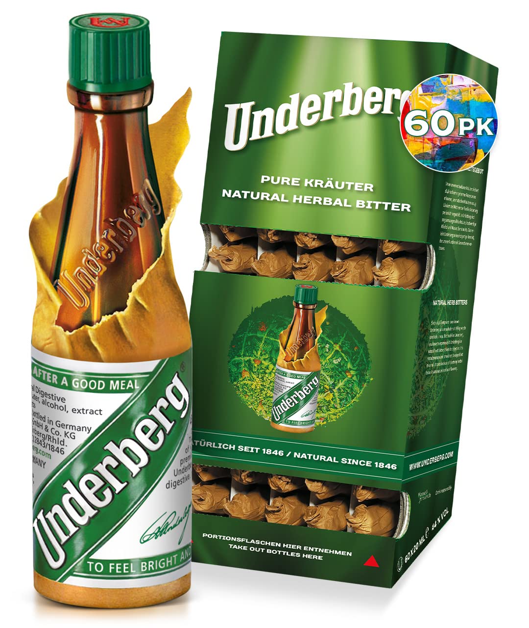 Underberg Digestive Bitters 60 Bottle Pack with Wall Mount Dispenser - Perfect for Bars, Restaurants, and Home Use