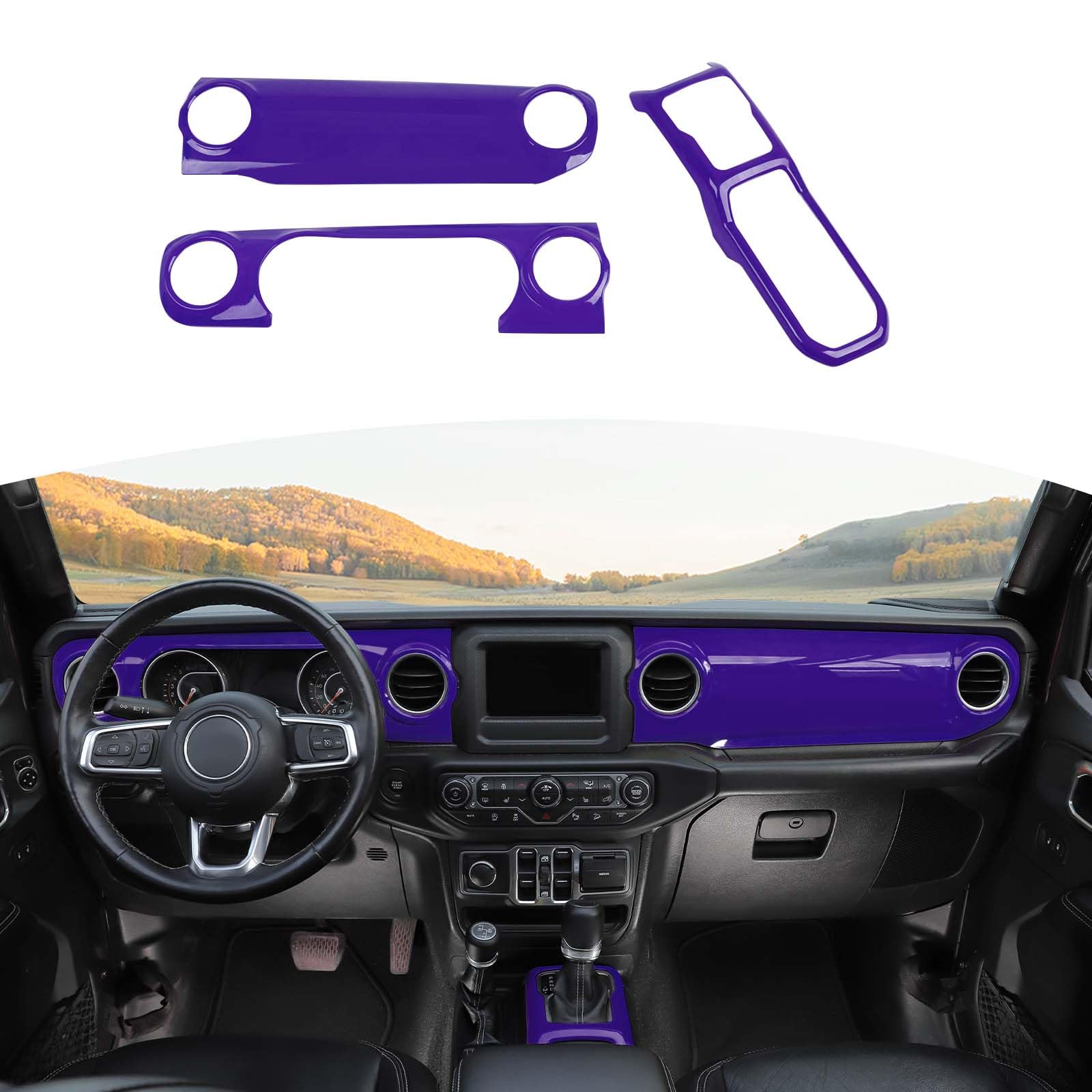 RT-TCZ Purple Dash Trim Cover & Gear Shift Panel Frame for Jeep Wrangler JL/JLU/Gladiator JT (2018-2023) - 3pc Interior Accessories - Enhance Your Ride's Style & Protection
