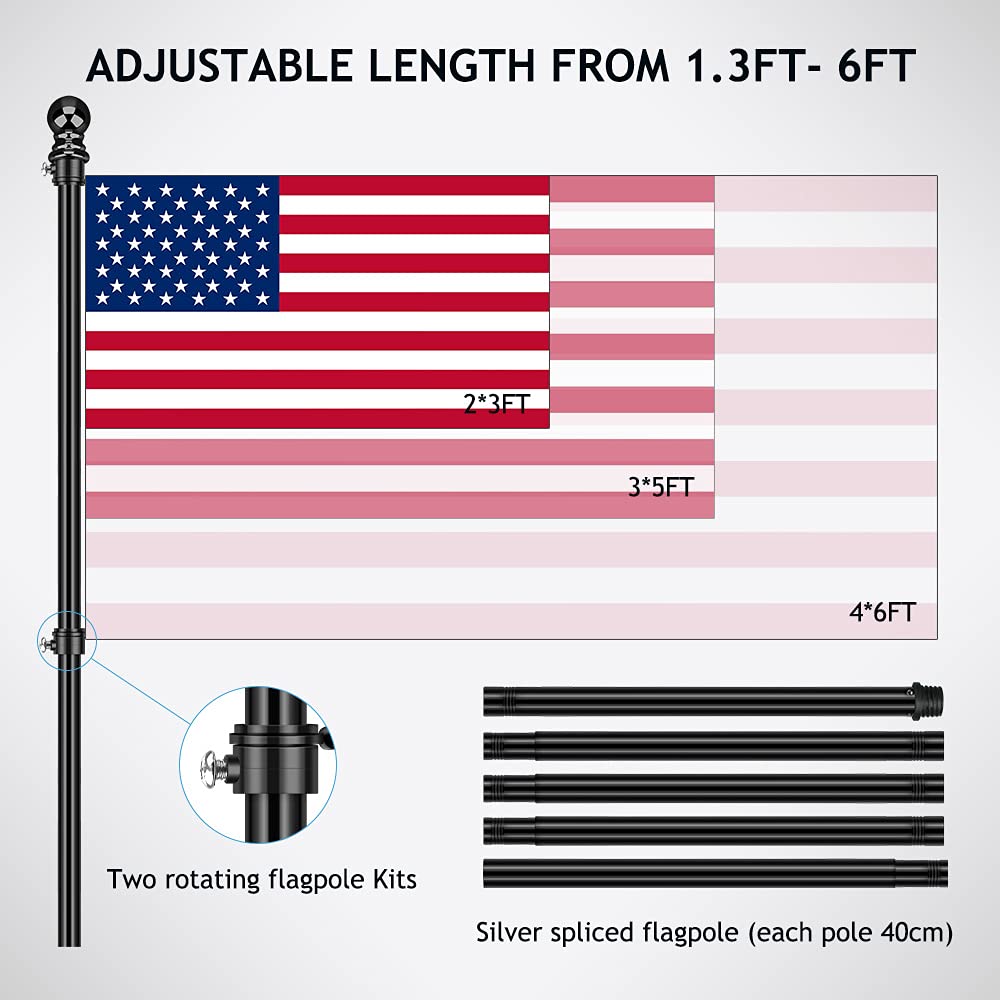 6ft Stainless Steel Wall Mounted Flag Pole Kit with Bracket & Rings - Outdoor House Flagpole for Yard, Garden, Residential & Commercial Use - Perfect for Patriotic Displays, Sports Events & Home Decor (Black)
