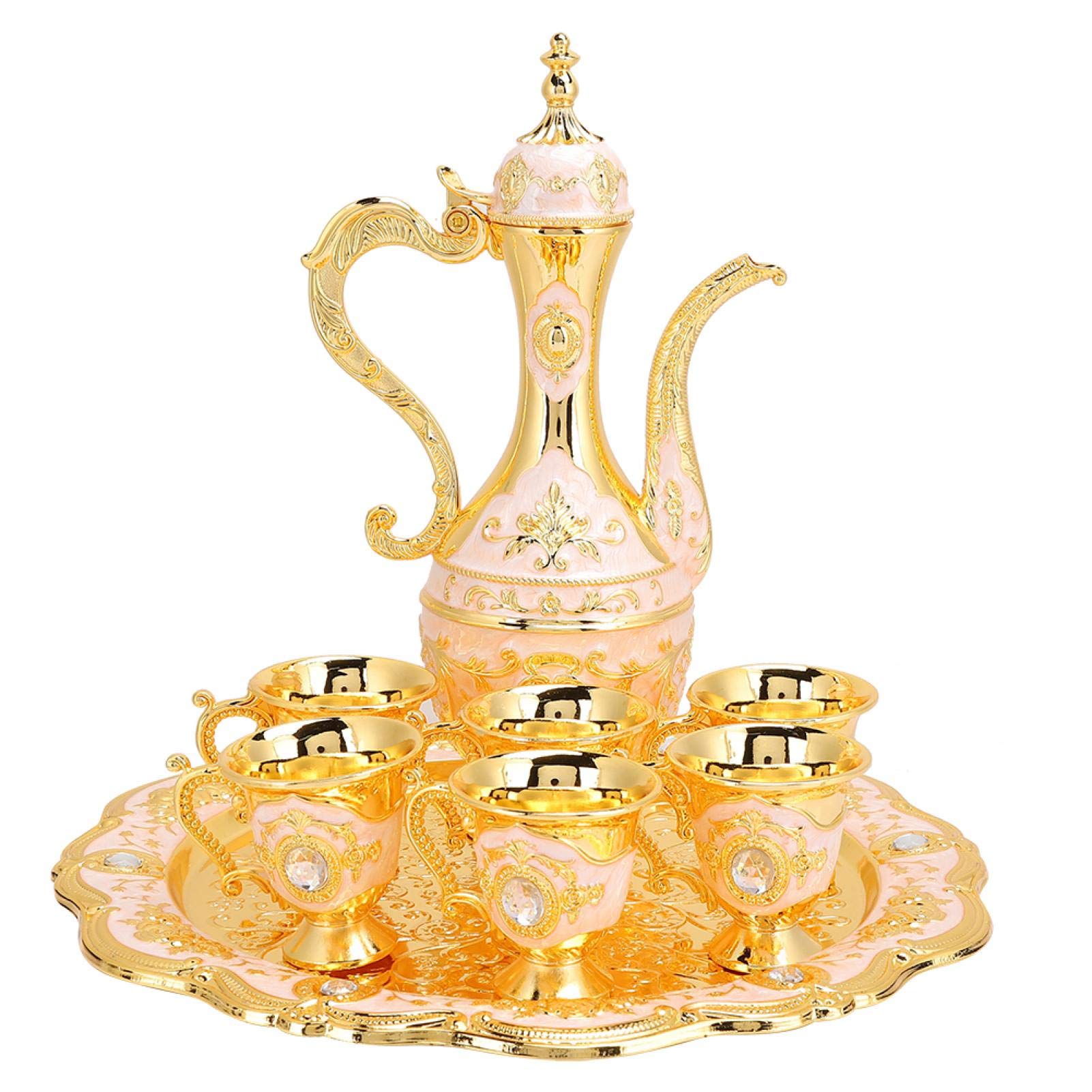 Vintage Turkish Coffee Pot Set with 6 Cups & Metal Tea Set - Handcrafted Brass Cezve with Serving Tray - Perfect for Home Brewing, Gift Giving & Wedding Presents