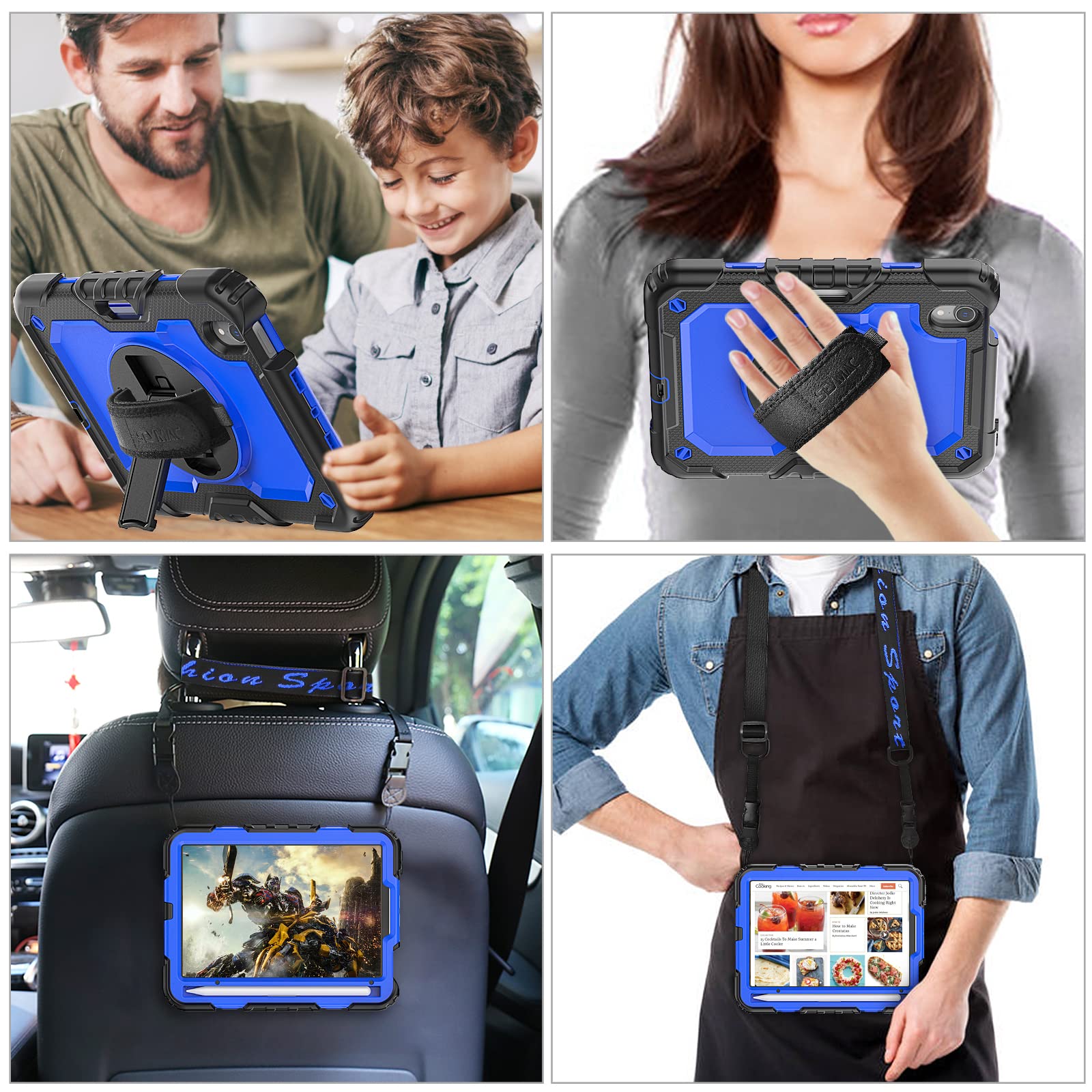 SEYMAC 360 Rotating Stand Case with Screen Protector & Pencil Holder for iPad Mini 7 (2024, A17 Pro) & iPad Mini 6 (8.3 Inch) - Shockproof Protective Cover with Hand Strap (Blue & Black) - Perfect for Work, Travel, and Entertainment