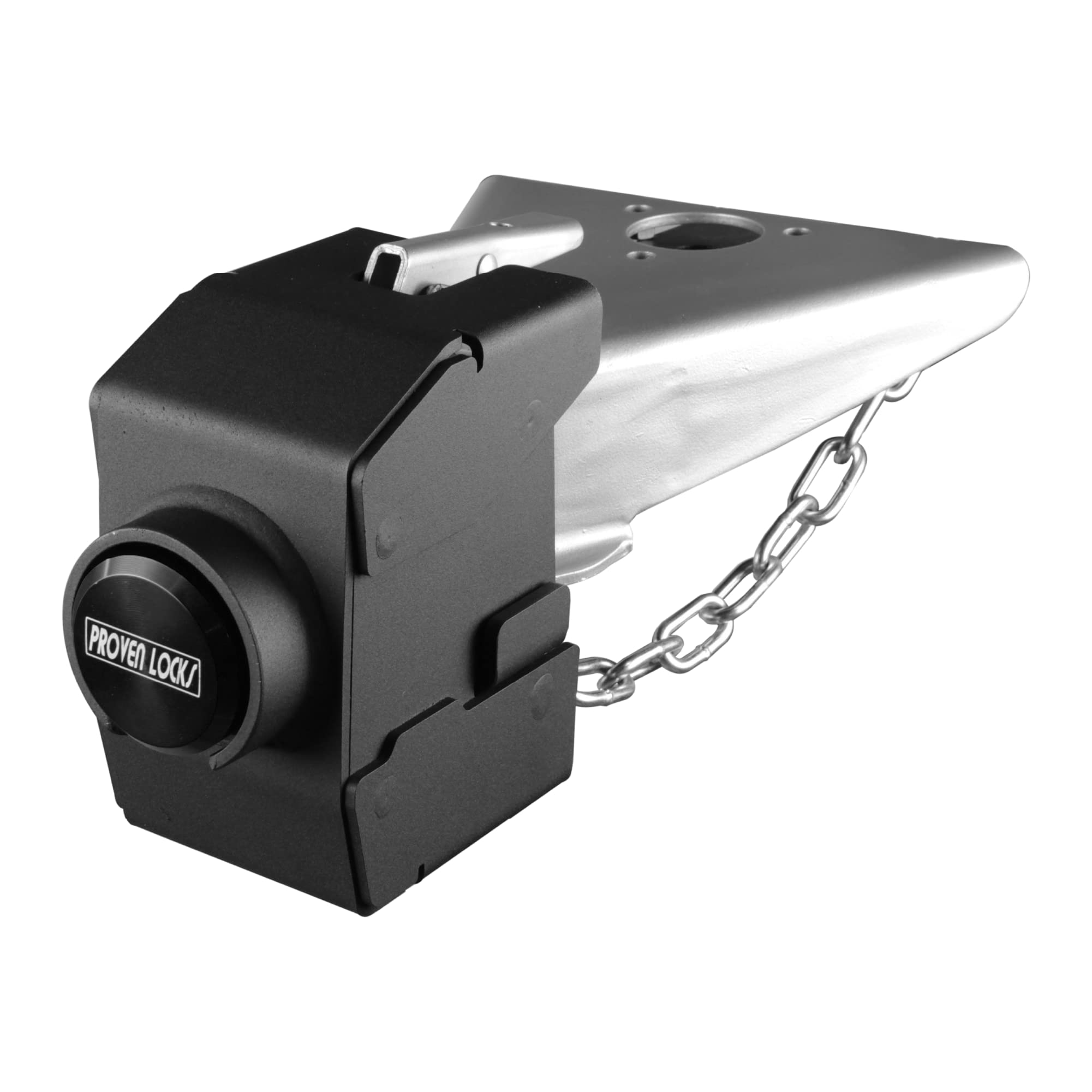 Proven Industries Model 2517-D Heavy Duty Trailer Lock - Fits 2 5/16-Inch Stamped Demco-Style Couplers, Secures Safety Chains, Anti-Theft Protection - Made in USA (Black) - Ideal for Boat Trailers, RV Trailers & Utility Trailers