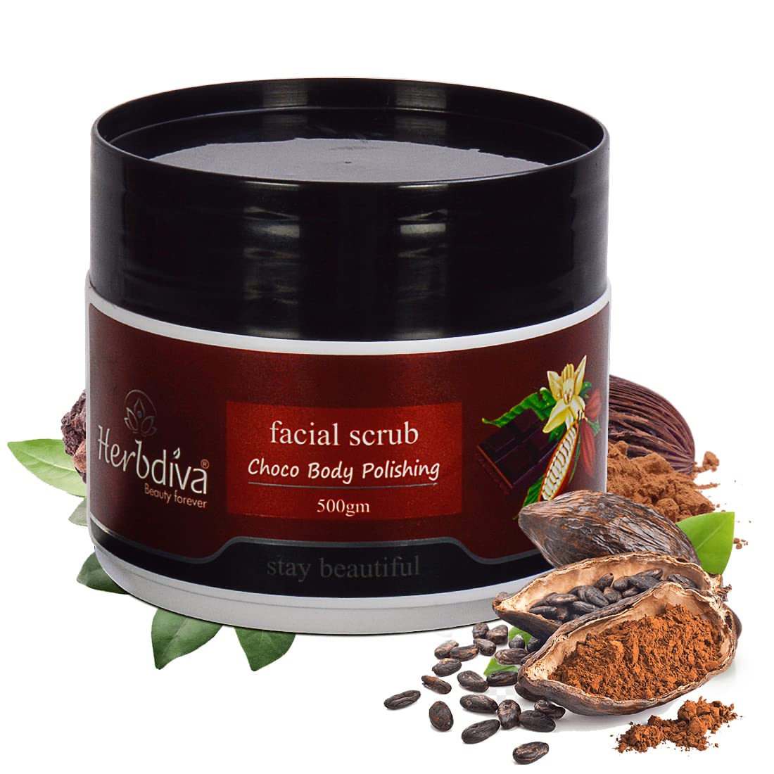Herbdiva Choco Body Polishing Facial Scrub 500GM - Exfoliating Scrub for Tan Removal, Blackhead & Dirt Cleanser - Enriched with Sweet Almond Oil & Vitamin C for Soft, Smooth Skin - Perfect for Spa Day & At-Home Skincare Routine