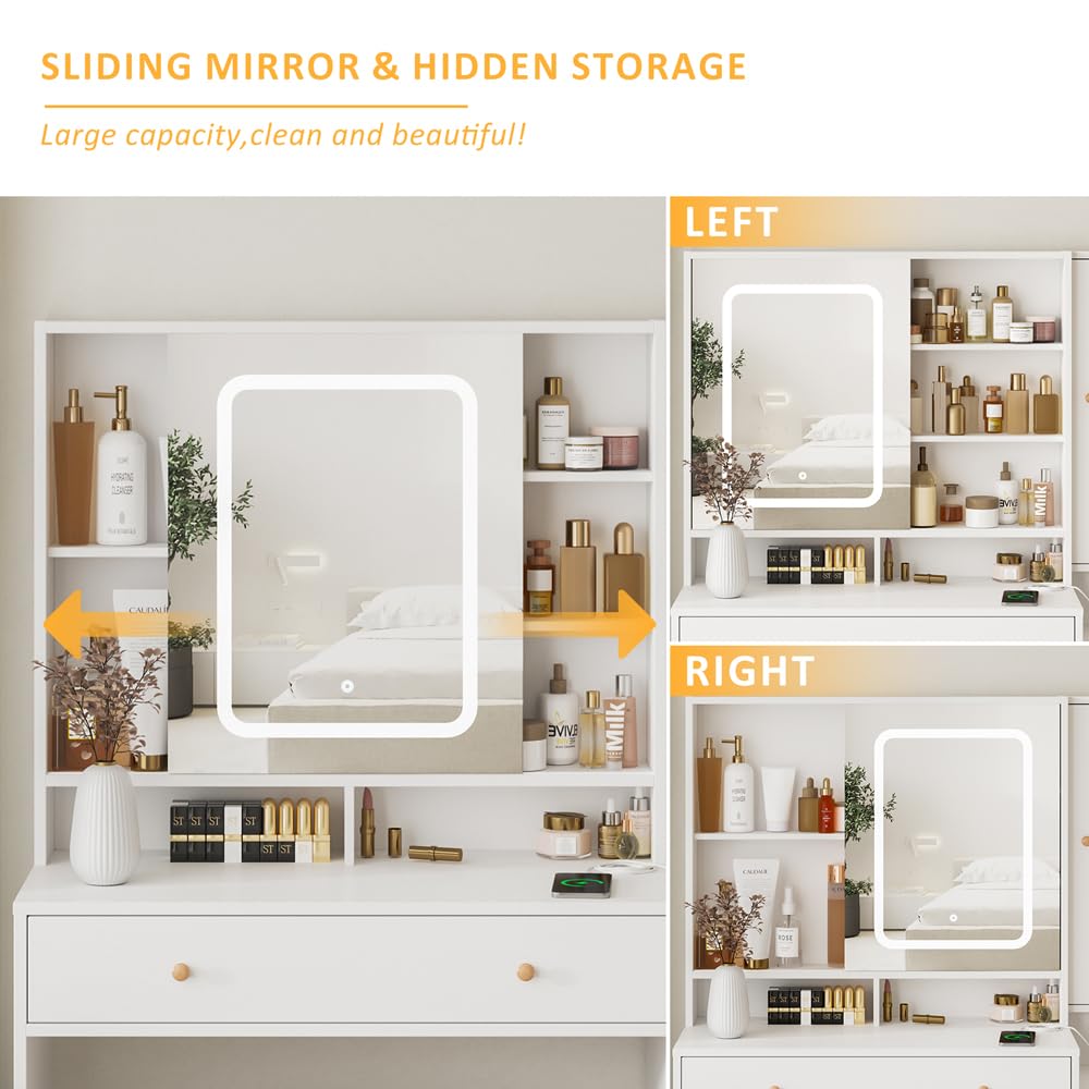 White Vanity Desk with Mirror & LED Lights - Makeup Vanity Table with 3 Drawers, Storage Cabinets, Charging Station & Sliding Door - Perfect for Bedroom, Dressing Room & Home Office Organization