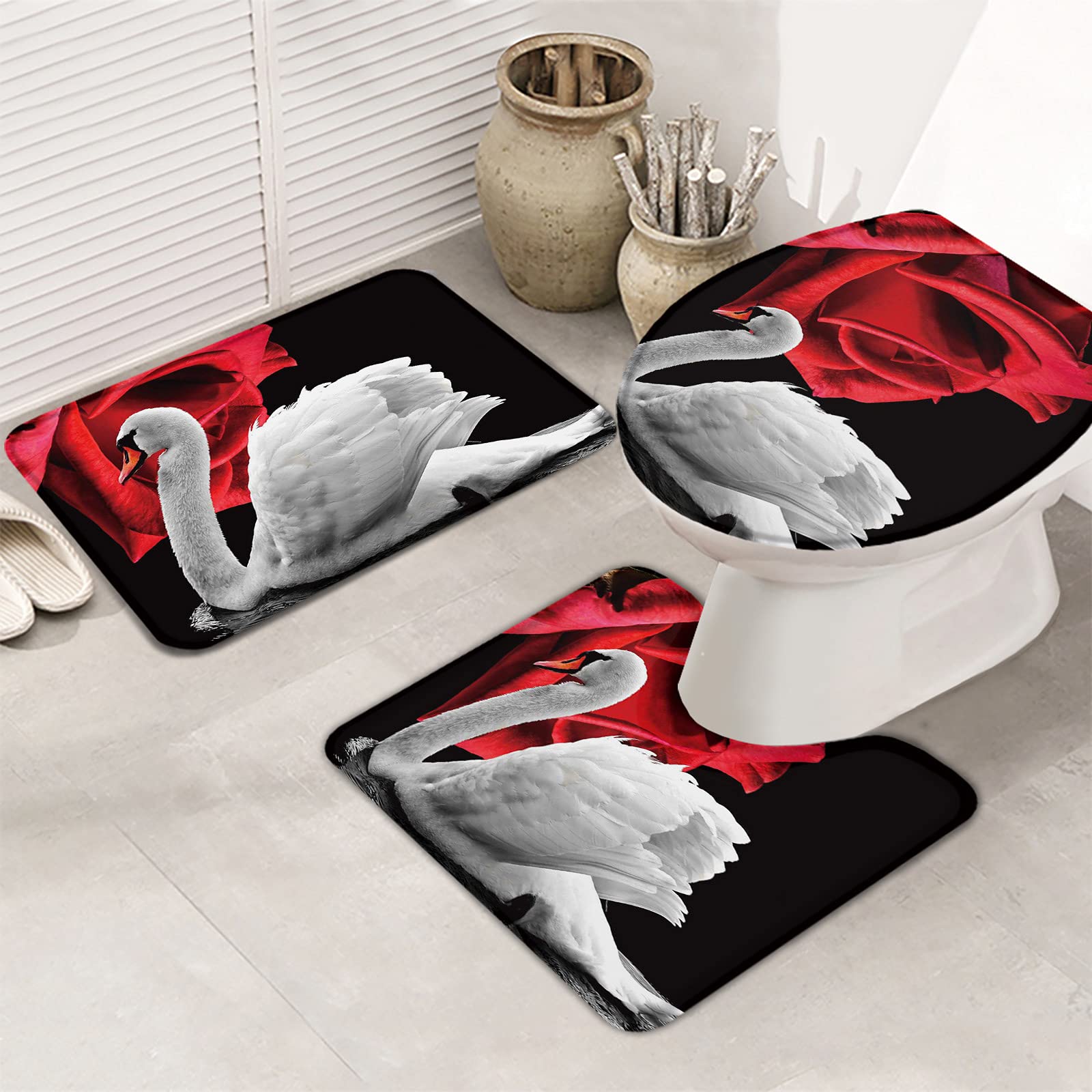 LEOSUCRE 3-Piece Bathroom Rug Set - Non-Slip Absorbent Bath Mat, Toilet Lid Cover & Contour Mat with Rose Design for Valentine's Day | Soft Shower Mats with Swan Lake Reflection for Bathroom Safety & Decor