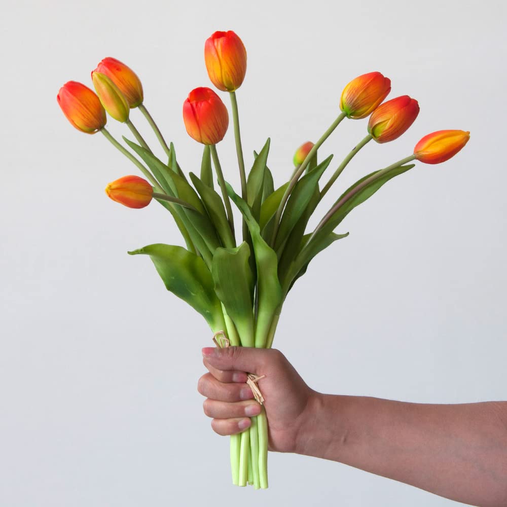 10 PCS Artificial Tulip Flowers - Real Touch Faux Silk Tulips Bouquet for Home, Office, Wedding, Party Decor - Vibrant Orange Fake Tulips for Table Arrangements, Birthday Gifts & Garden Store Decoration