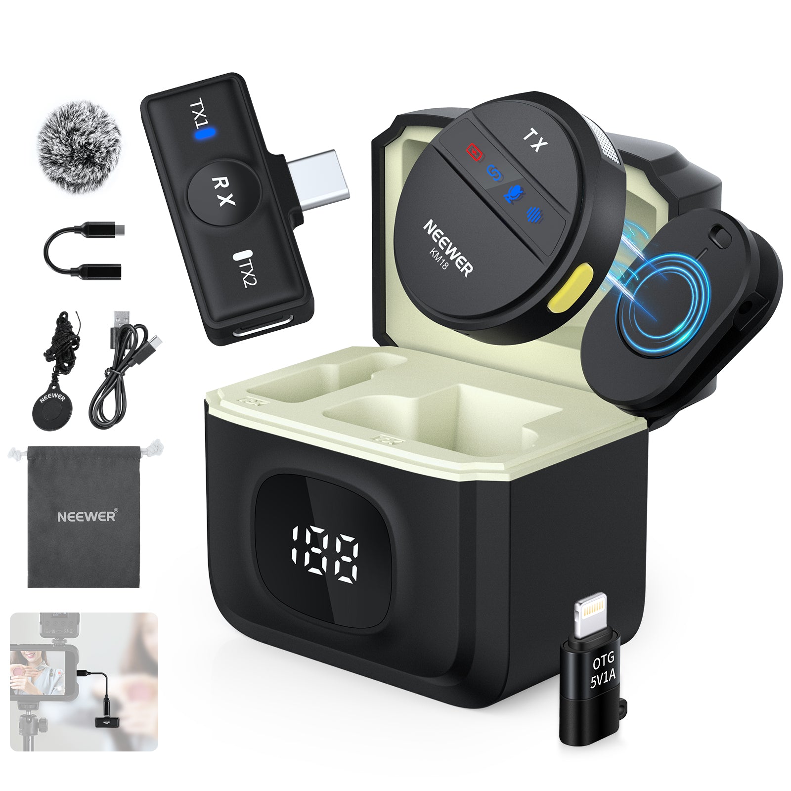 NEEWER KM18 Wireless Lavalier Microphone System with USB-C for iPhone, Android, DSLR - Perfect for YouTube, Vlogging, Podcasting & Live Streaming