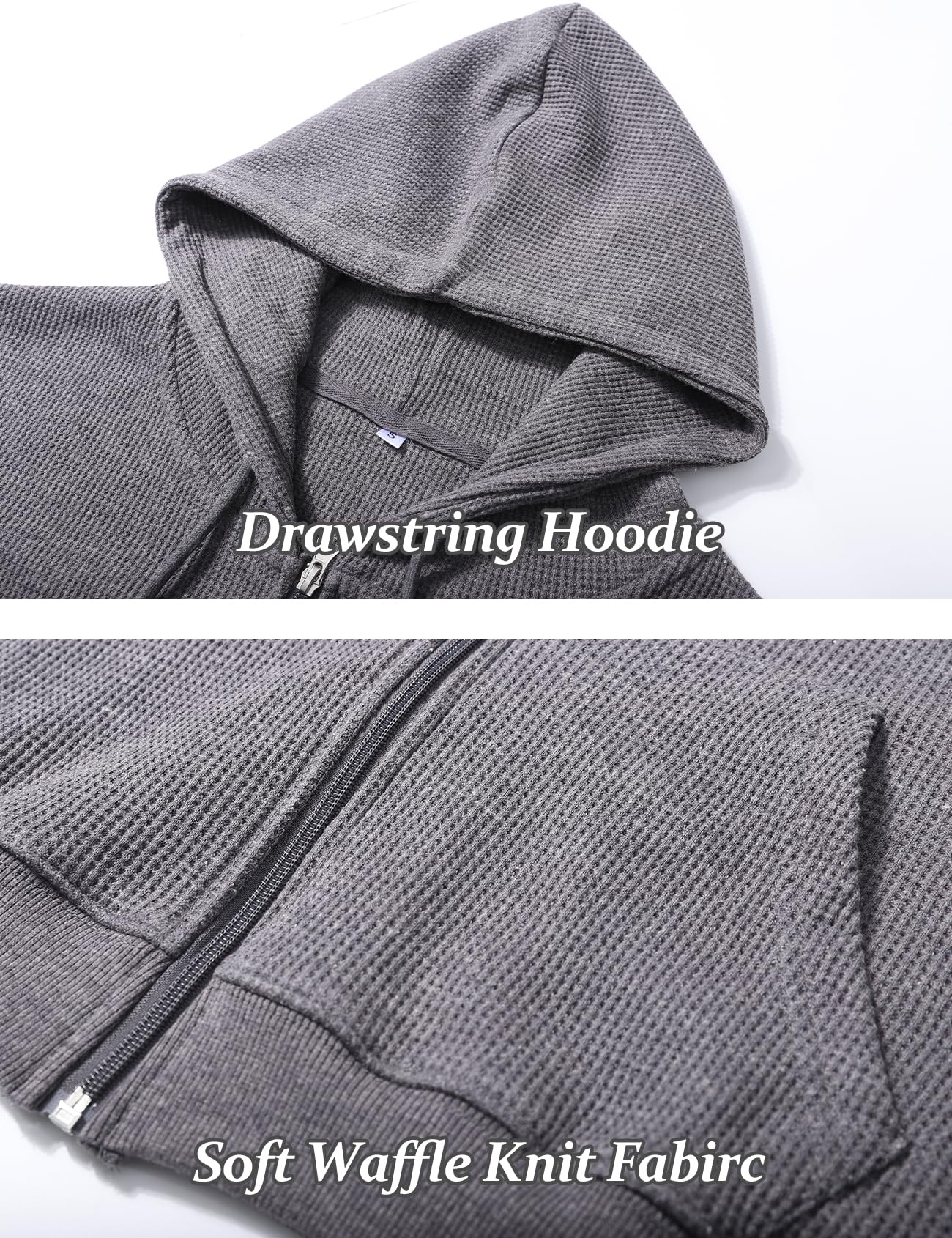 Flygo Women's Cropped Zip Up Hoodie - Waffle Knit Sweatshirt with Kangaroo Pocket | Casual Streetwear, Loungewear, Fall & Winter Fashion