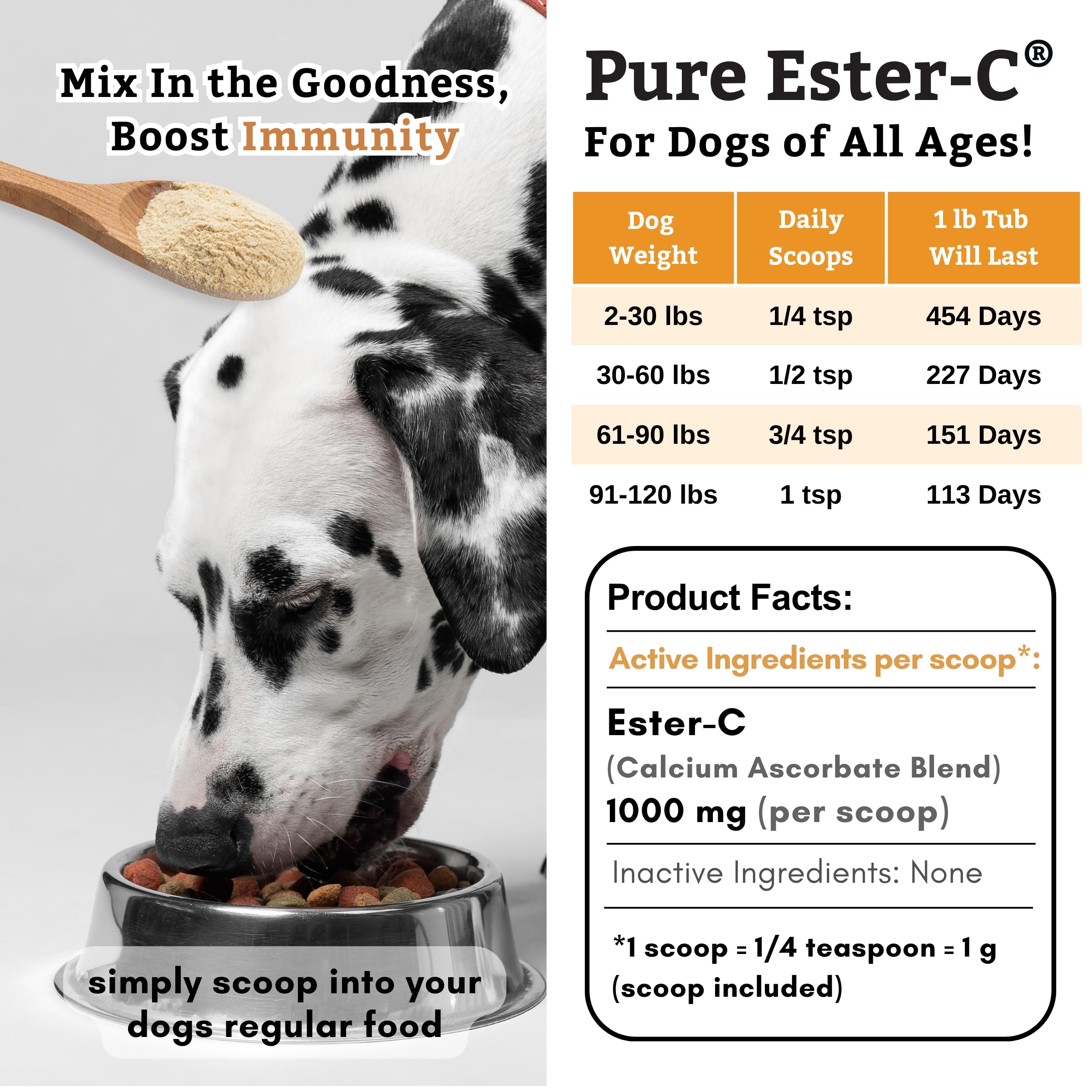 Wholistic Pet Organics Pure Ester-C Powder for Dogs & Cats - 1 Pound Vitamin C Supplement for Immune Support, Skin & Coat Health, Allergy Relief | Dog & Cat Vitamin Powder for Itchy Skin, Homemade Pet Food | Supports Joint Health & Recovery After Exercise