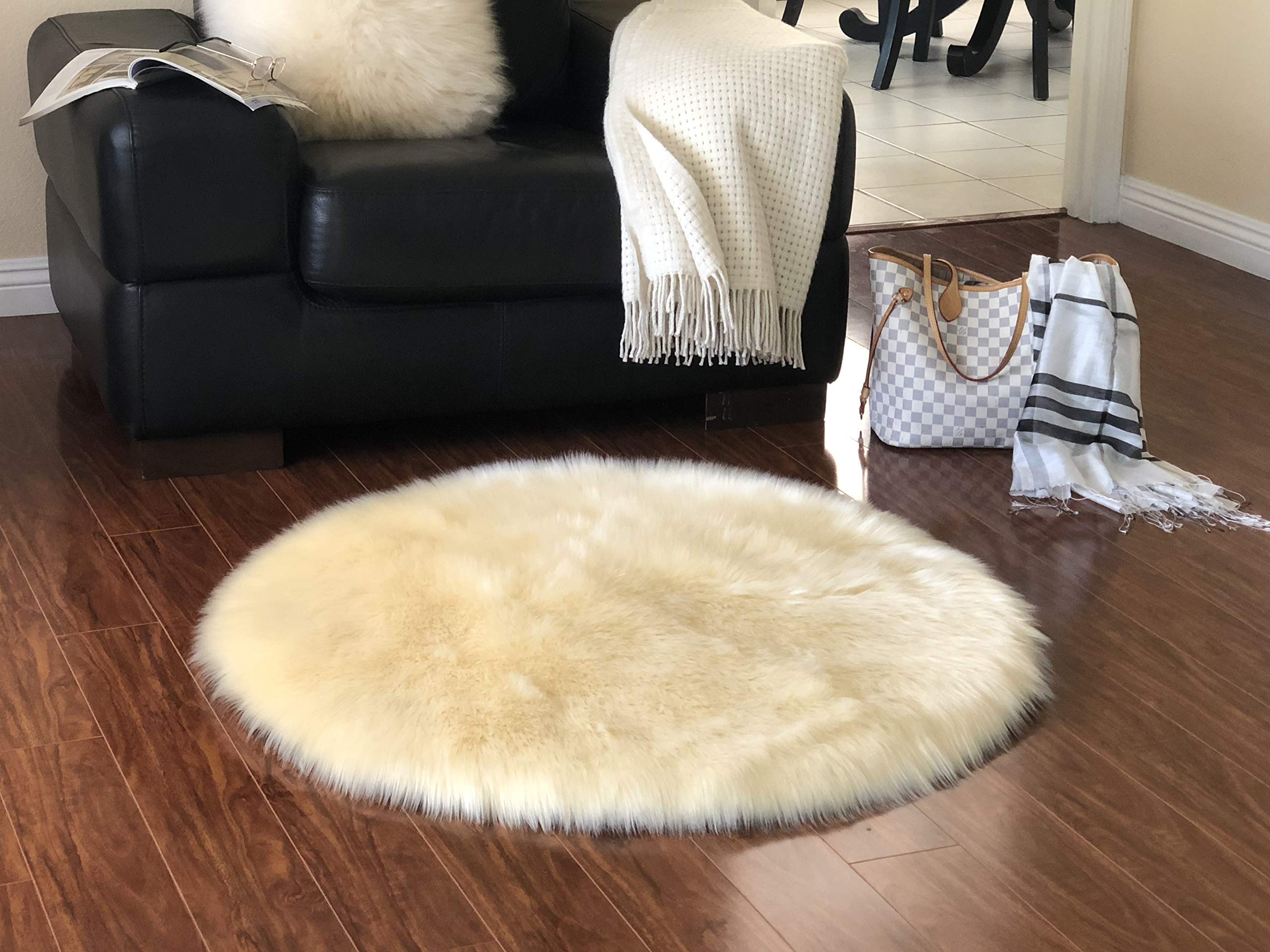 Luxury Faux Sheepskin Rug - Super Soft Hypoallergenic Plush Fur Carpet for Bedroom, Living Room, Nursery | Round Shaggy Silky Floor Mat (3.6ft/105cm, Cream) - Perfect for Cozy Home Decor, Kids Play Area & Sofa Accent