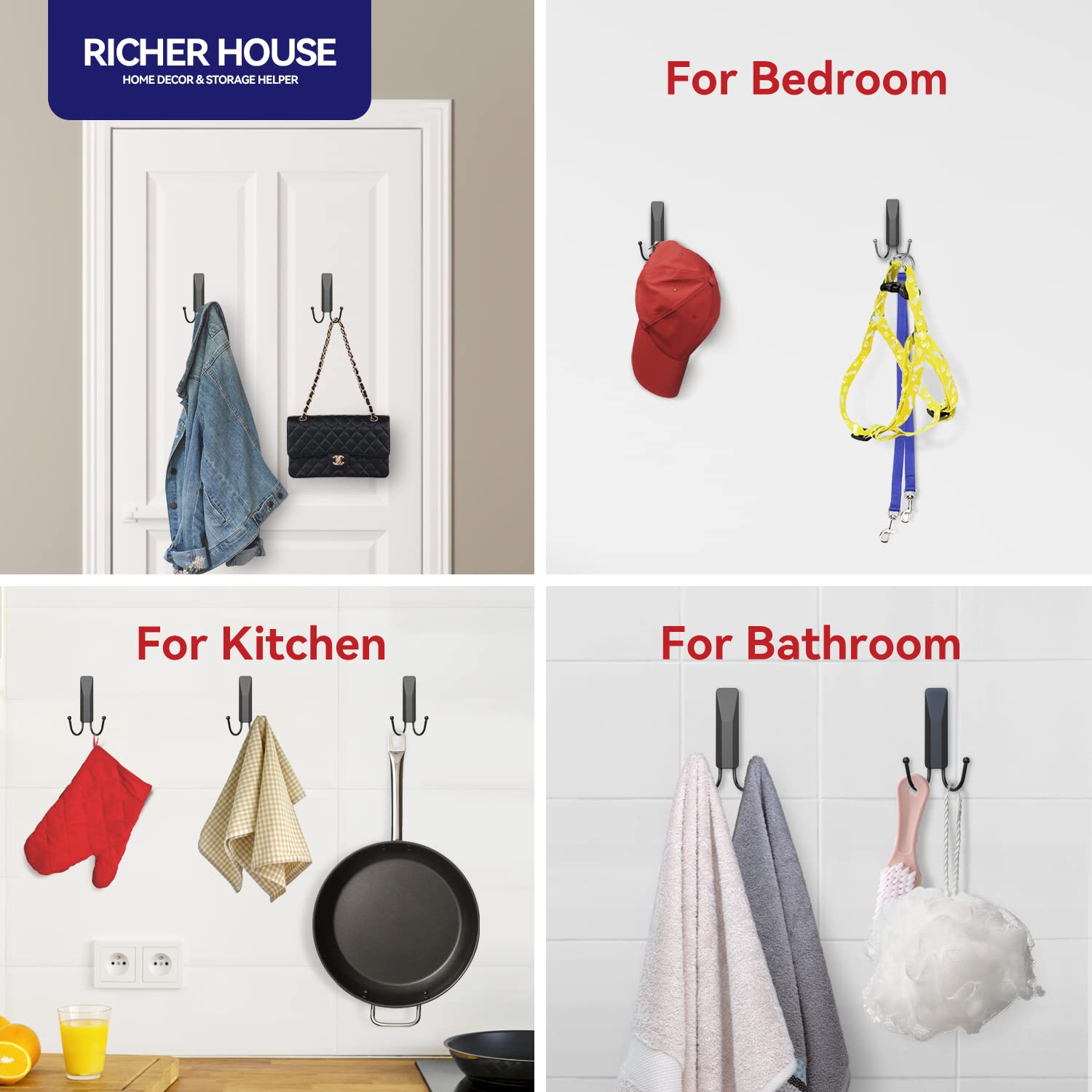 RICHER HOUSE 6 Pack Black Heavy Duty Double Wall Hooks - Removable Adhesive Hooks with 7 Strips - Damage-Free Plastic Utility Hooks for Coat, Towel, Hat, Key Organization - Perfect for Home, Office, Bathroom, and Entryway Storage