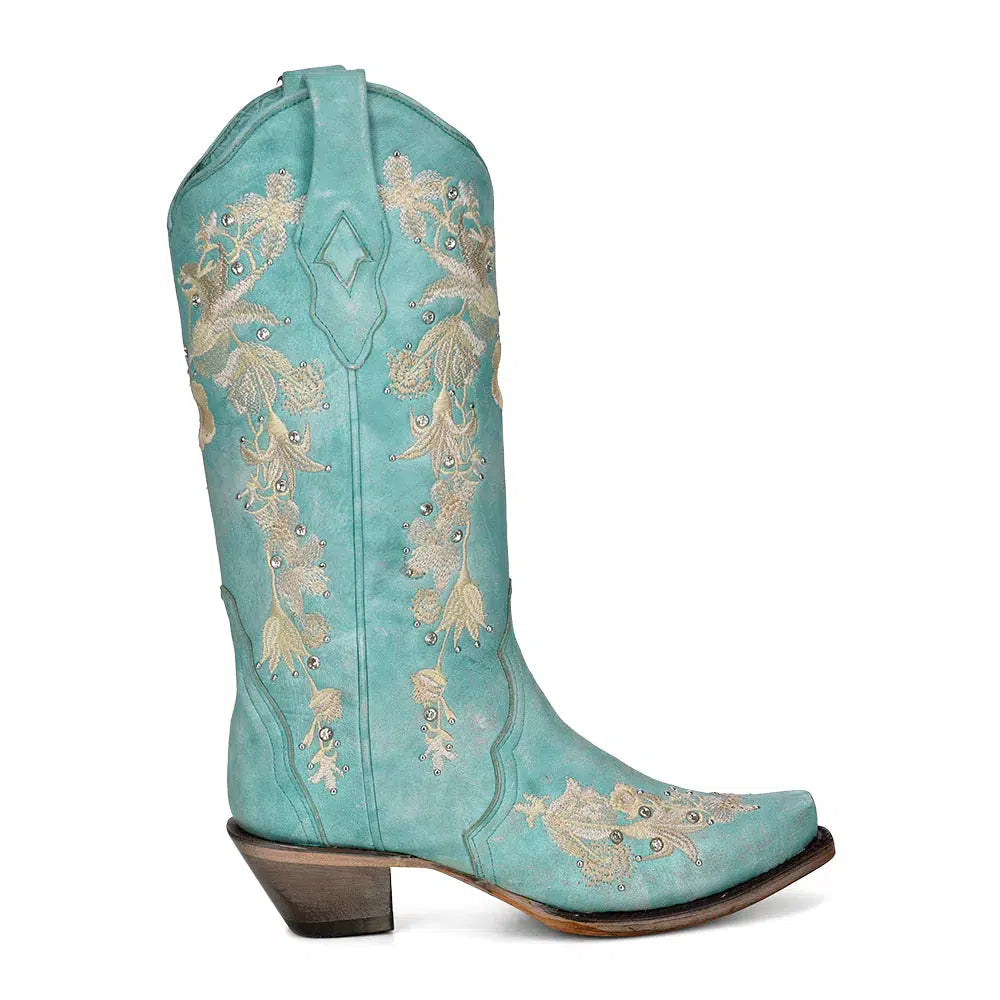 A4239 Women's Western Cowgirl Leather Boots with Turquoise Corral Design - Perfect for Rodeo, Country Dancing & Cowgirl Fashion