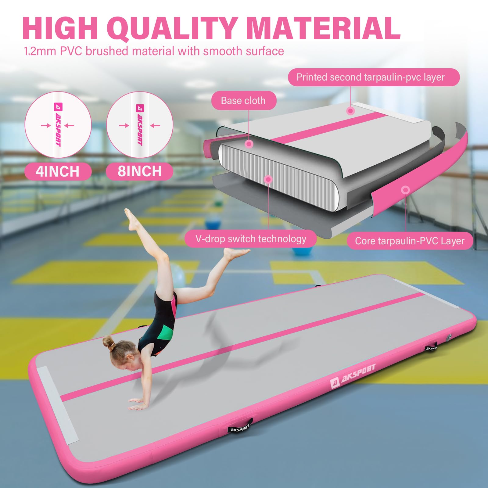 AKSPORT Inflatable Gymnastics Air Mat - Portable Tumbling Track for Home Gym, Cheerleading, Parkour & Training - Includes Air Pump - Perfect for Indoor/Outdoor Use at Beach, Park & Water Activities