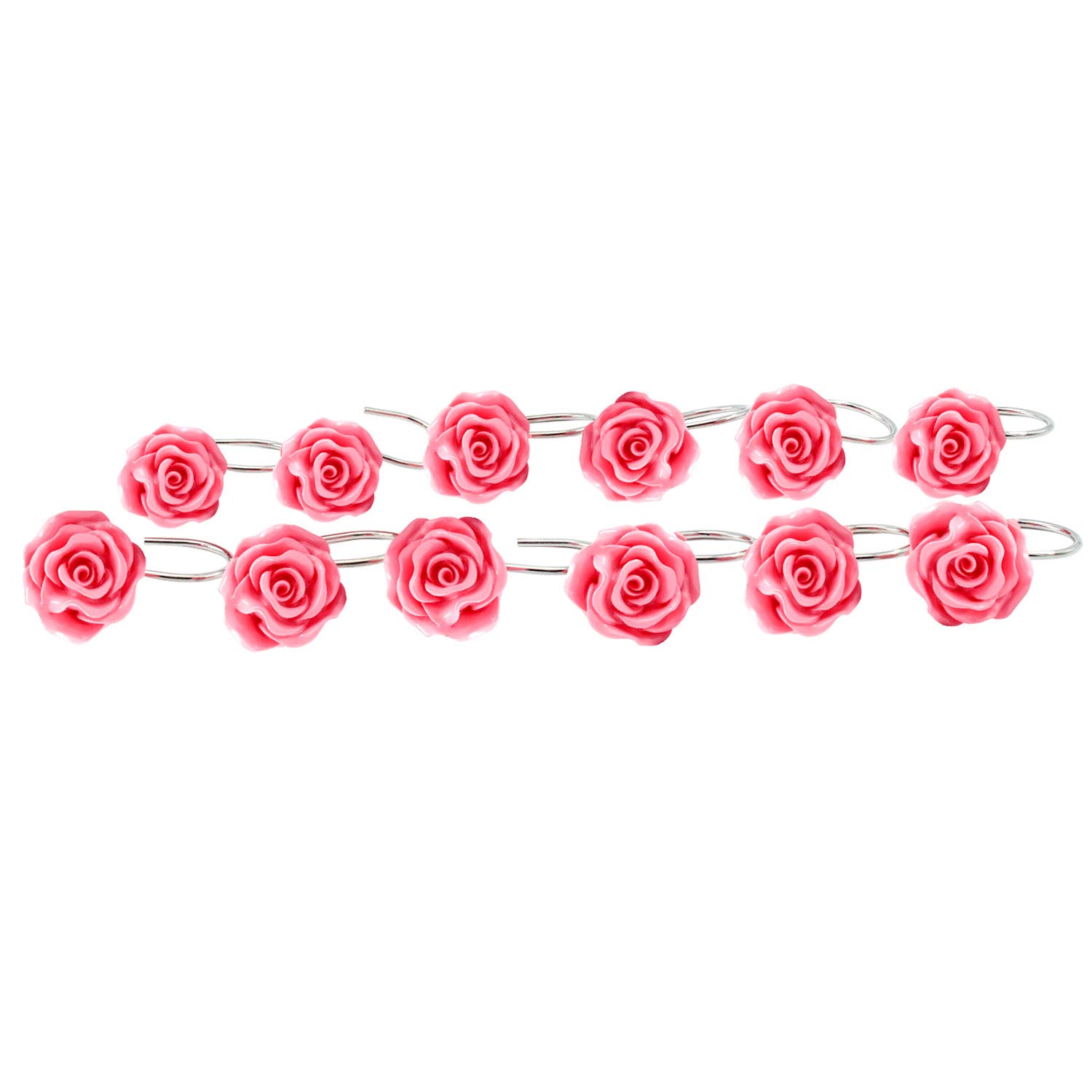 BEAVO Rustproof Resin Rose Flower Shower Curtain Hooks - Set of 12 Pink Bathroom Hooks for Shower Rods & Curtains | Elegant Home Decor for Bathroom, Guest Room & Spa Style Showers