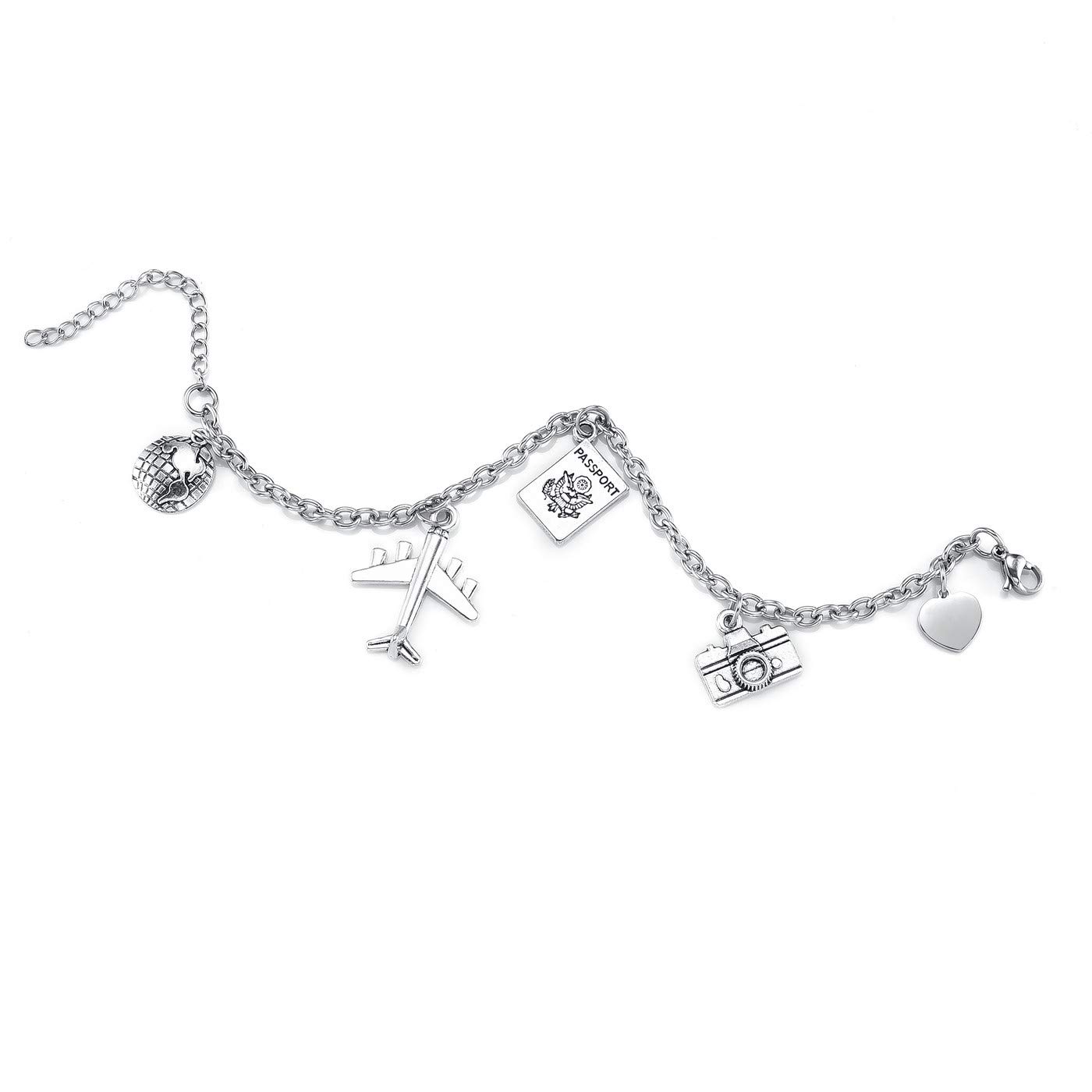 PiercingJak Travel Bracelet - Stainless Steel Link Chain with Earth Heart & Camera Charms - Inspirational Jewelry for Men & Women - Perfect for Travel, Graduation Gifts & Adventure Enthusiasts