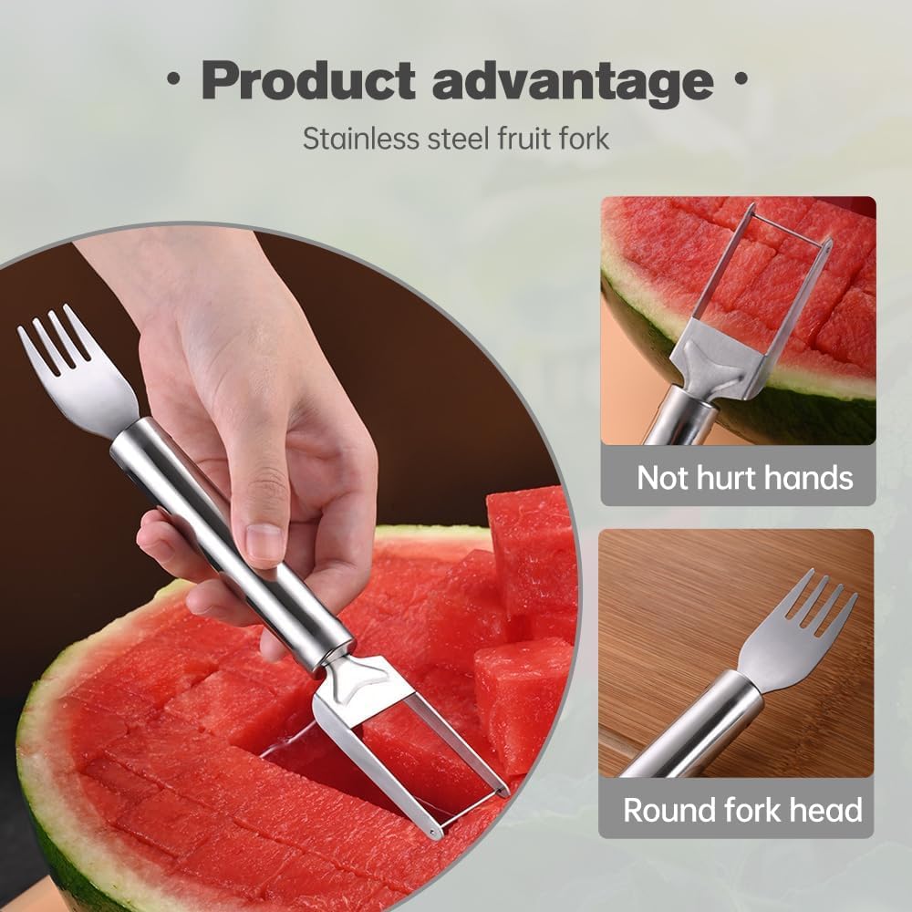 2-in-1 Stainless Steel Fruit Cutter - Dual Head Watermelon Slicer & Fork Set with Ergonomic Round Handle (2PCS) - Perfect for Picnics, BBQs and Summer Fruit Parties