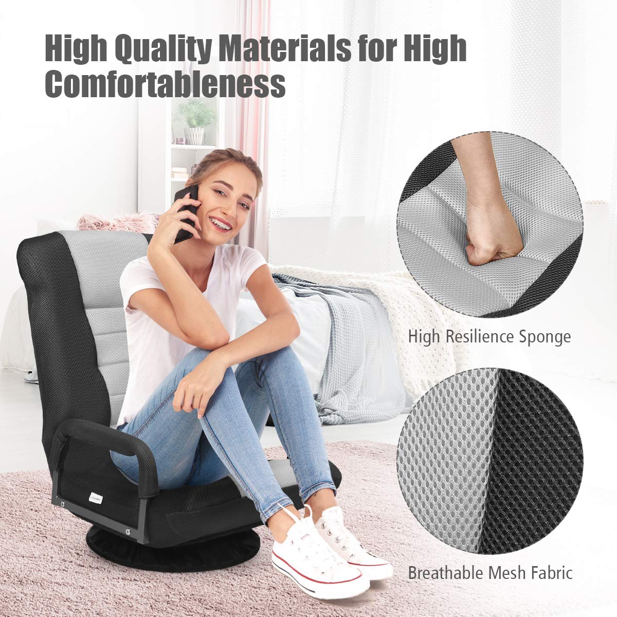 Giantex 360 Degree Swivel Floor Chair with Adjustable Backrest & Lumbar Support - Foldable Armrest Sofa Rocker for Living Room, Bedroom, TV Watching, Reading & Gaming - Black/Grey Home Comfort Seating Solution