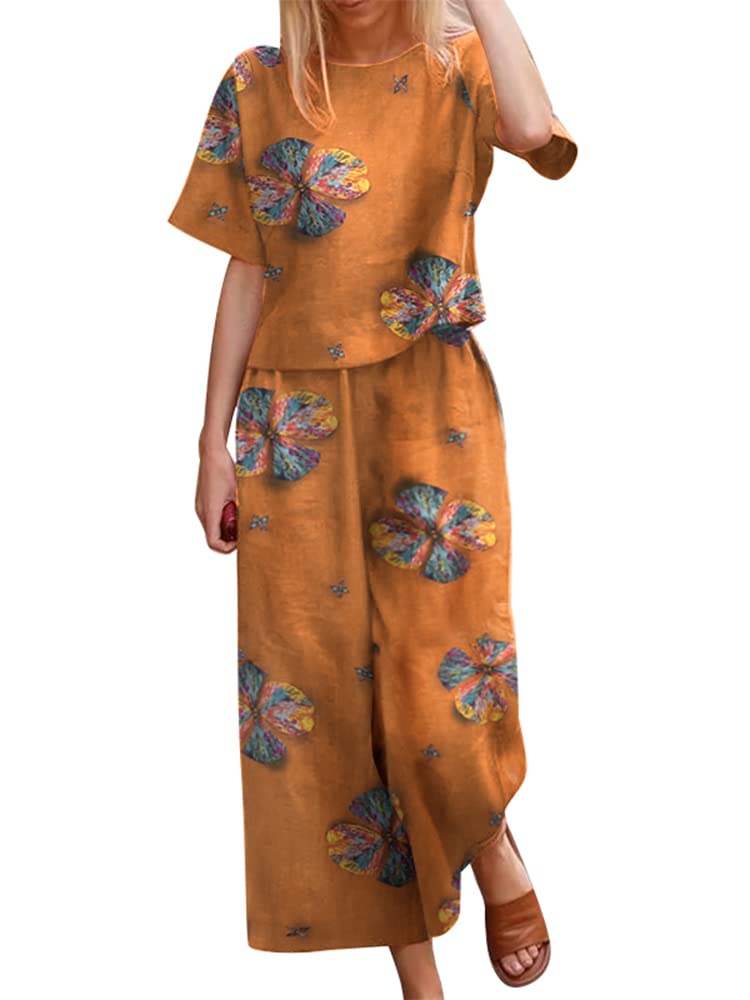 ZANZEA Women's Floral 2 Piece Outfit Set - Summer Casual Wide Leg Palazzo Pants & Top Lounge Set | Breathable Linen Tracksuit for Beach, Vacation & Everyday Wear