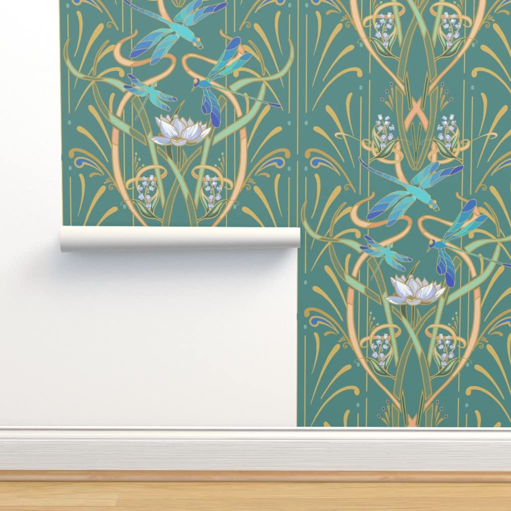 Peel & Stick Removable Wallpaper - Art Nouveau Dragonflies Design in Cool Green & Aqua | Contemporary Decorative Wallpaper for Living Room, Bedroom & Nursery | Spoonflower Custom Wallpaper