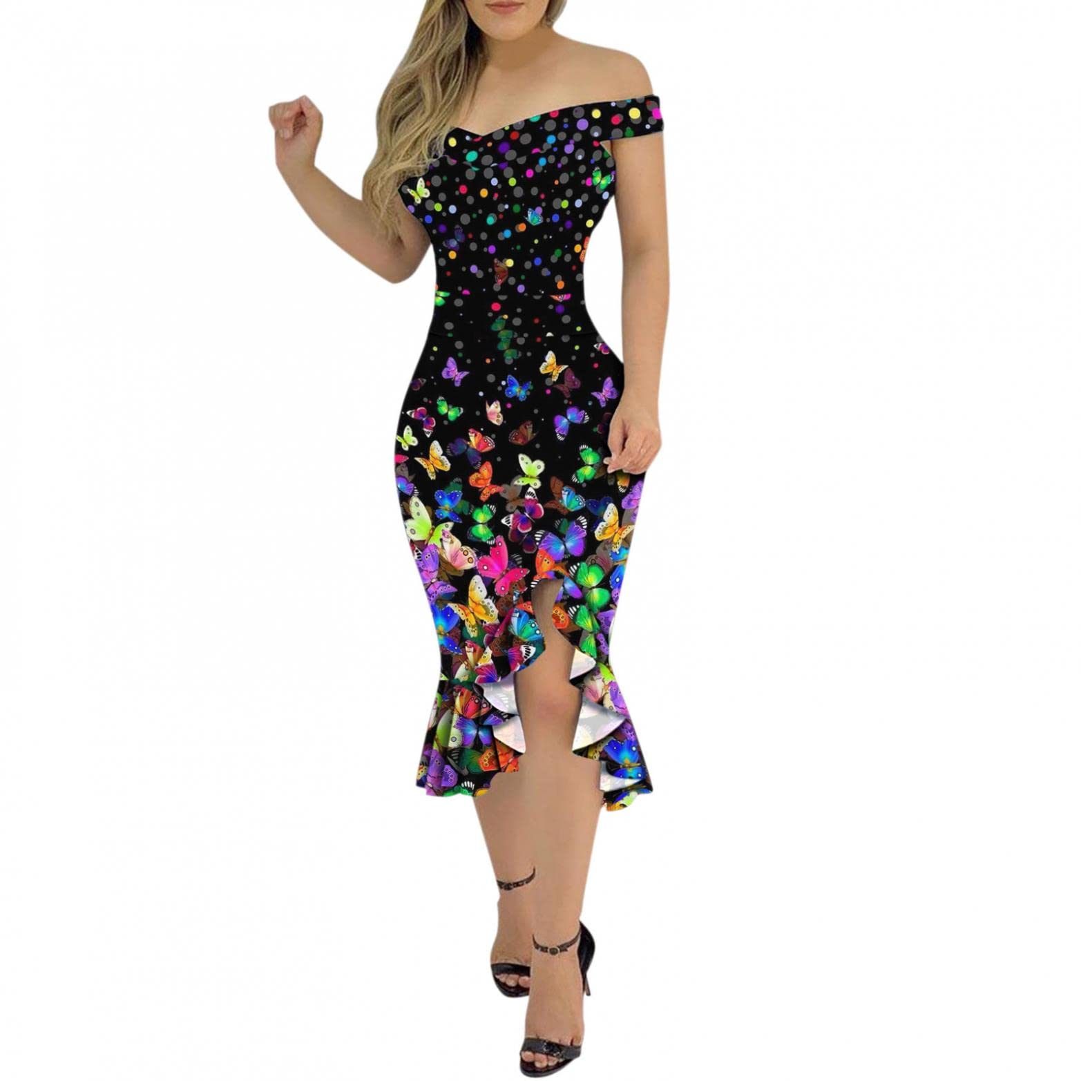 Zieglen Women's Off Shoulder Ruffle Hem Slit Mini Dress - Elegant Sexy Cocktail Party Gown for Evening Events, Date Night, Club Wear and Special Occasions