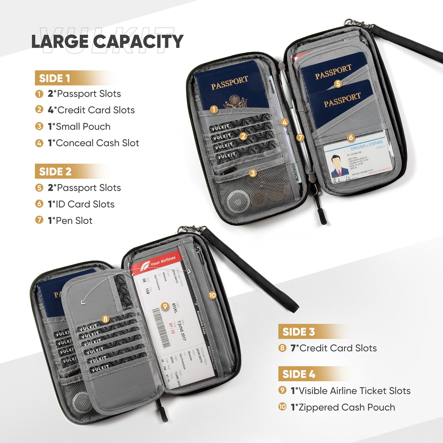 VPW103 RFID Blocking Family Passport Wallet - Secure Travel Organizer for 4 Passports with Wrist Strap | Perfect for Airports, Vacations & International Trips